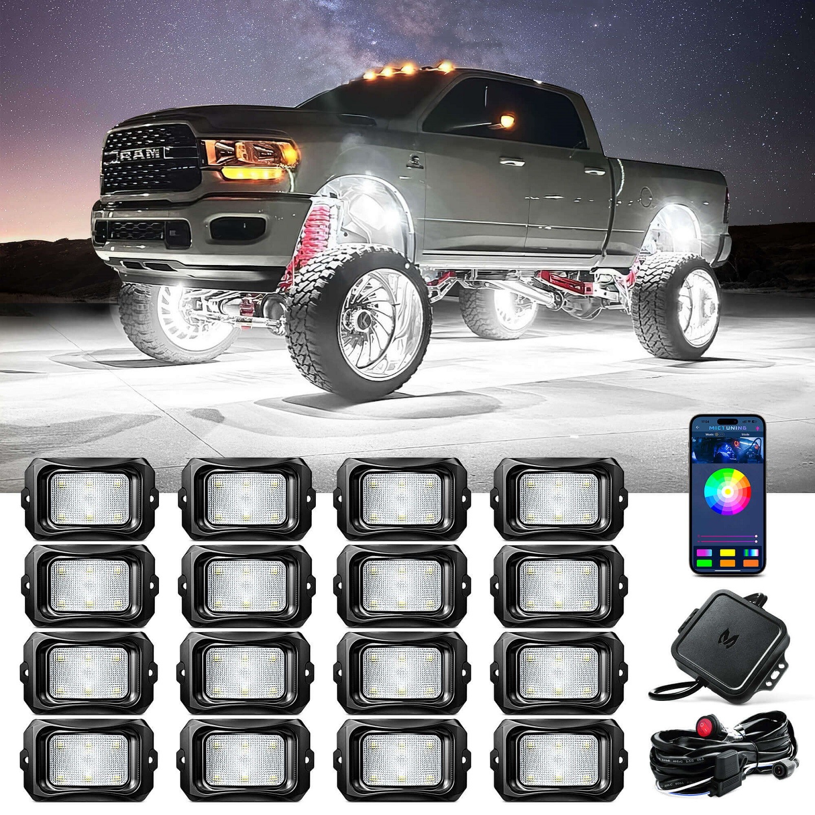 MICTUNING C2 Curved RGBW LED Rock Lights - 16 Pods Multicolor Neon LED Light Kit