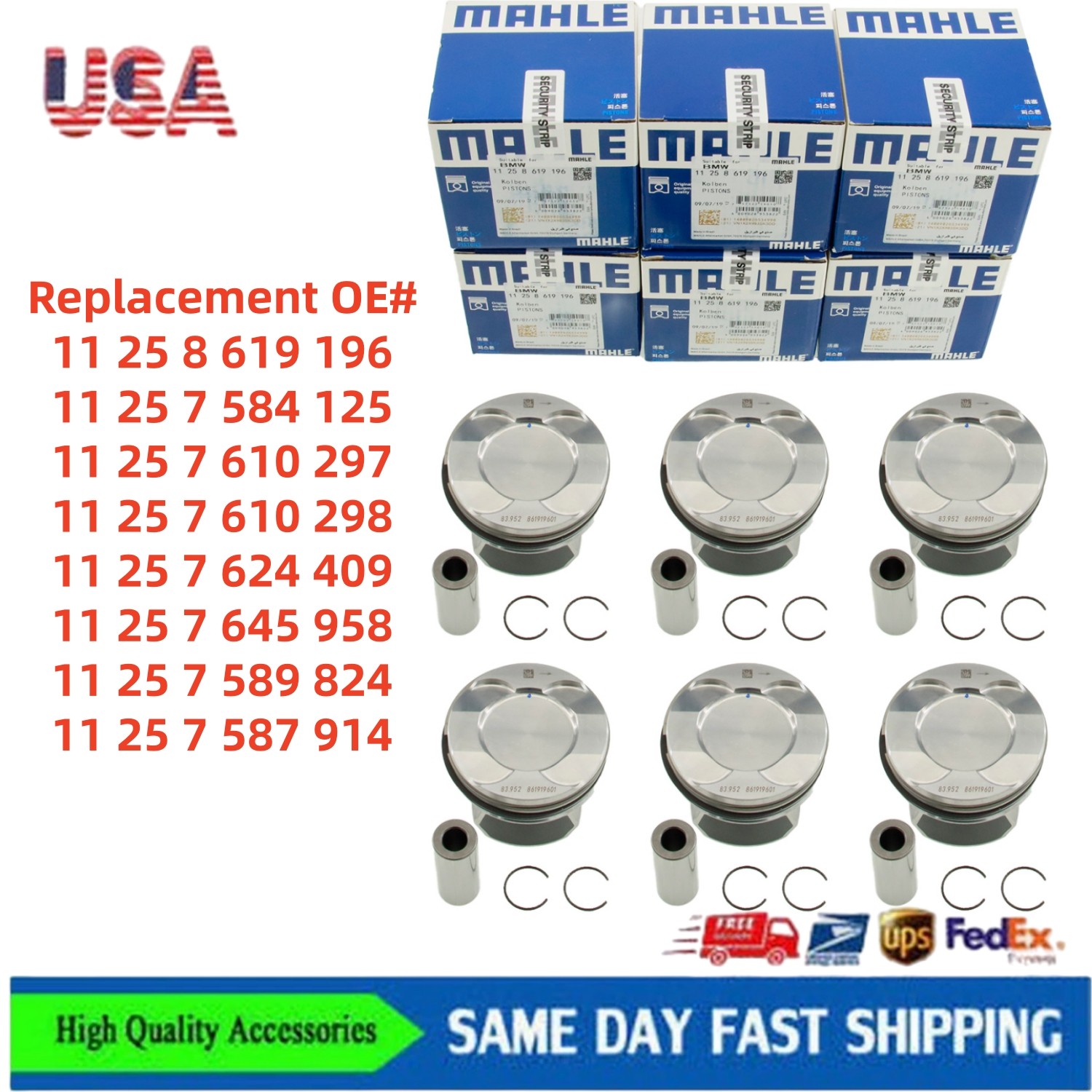 OEM MAHLE 6pcs BMW Pistons Ring SET 11258619196 For N55 3.0L Turbocharged Engine