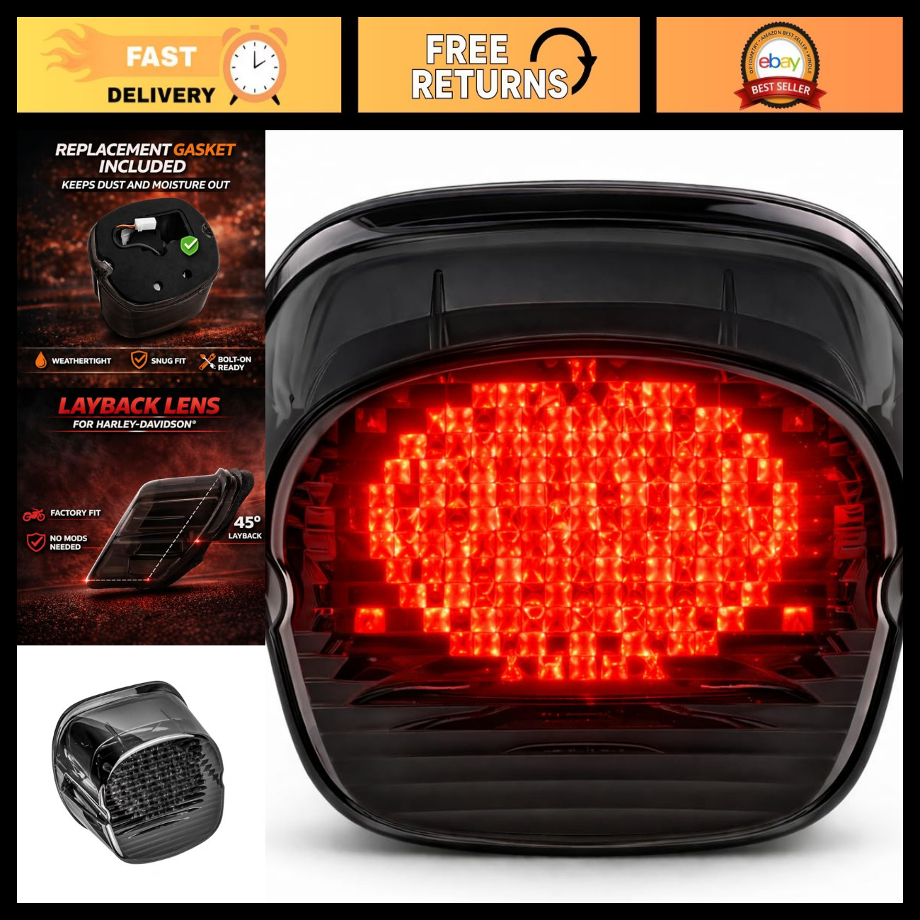 Strobing LED Brake Light for Harley Motorcycles - Smoked with License Plate Wind