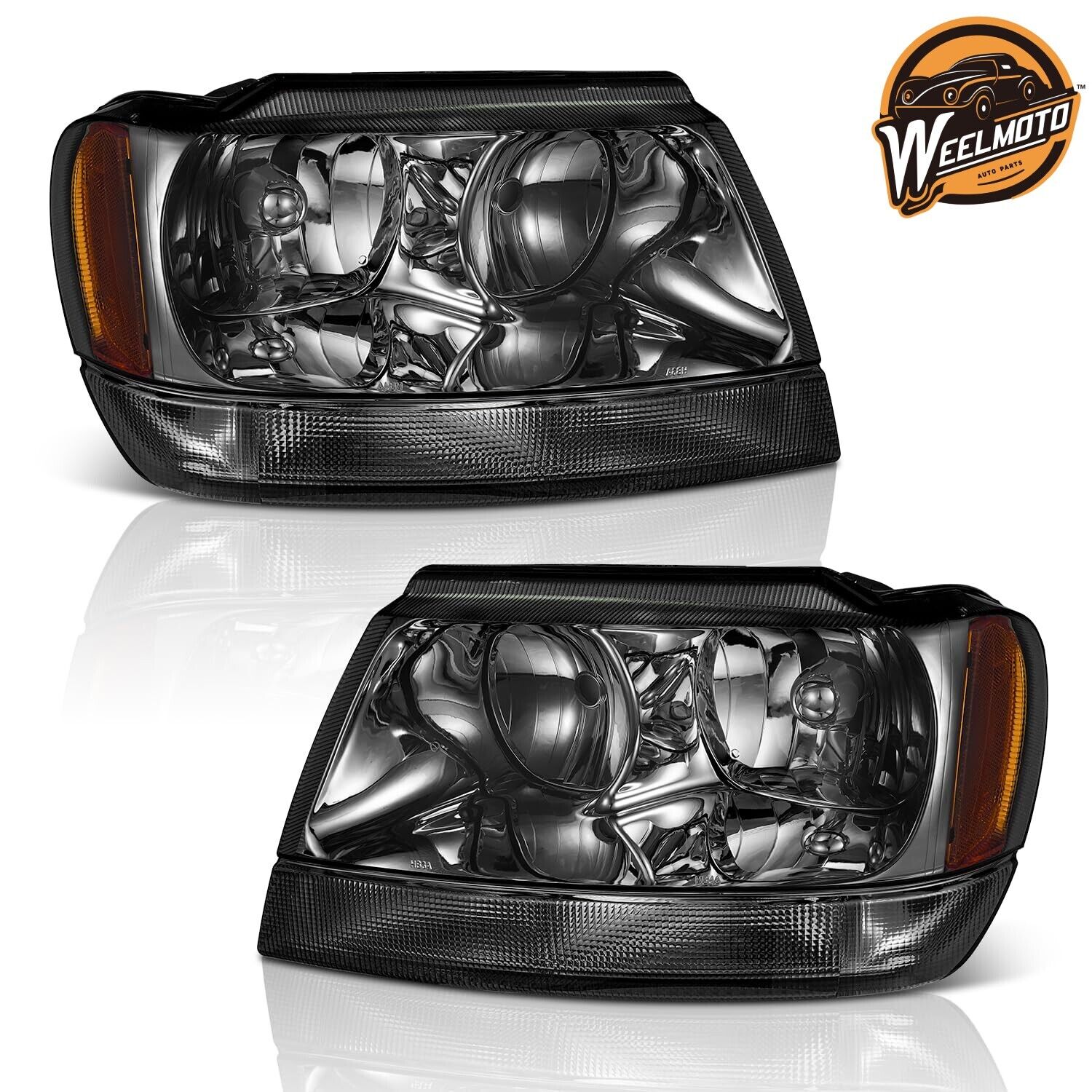WEELMOTO For 1999-2004 Jeep Grand Cherokee Headlights Assembly Smoke Lamps L+R
