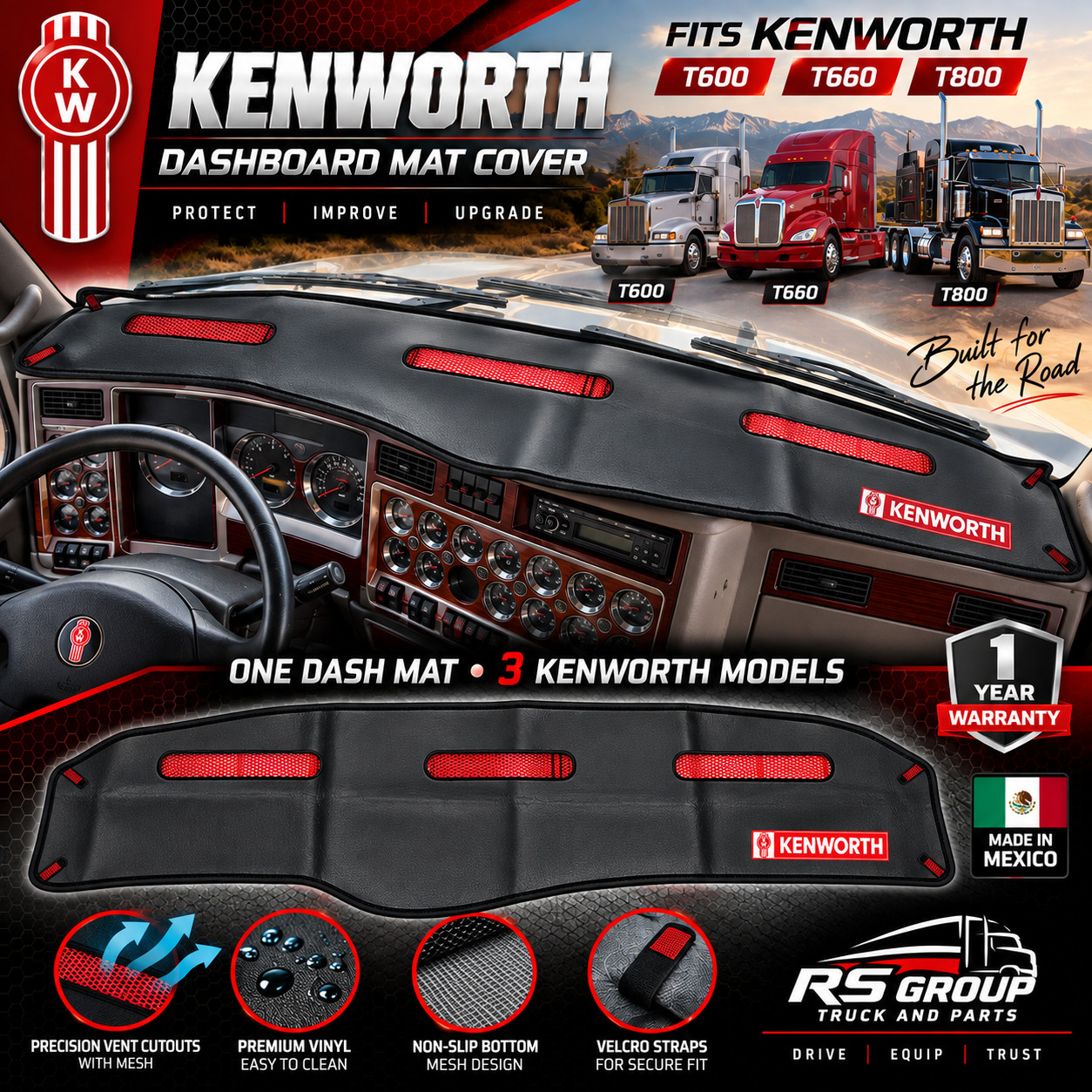 Kenworth T600 T660 T800 Dashboard Black Vinyl Mat Cover Easy to Clean