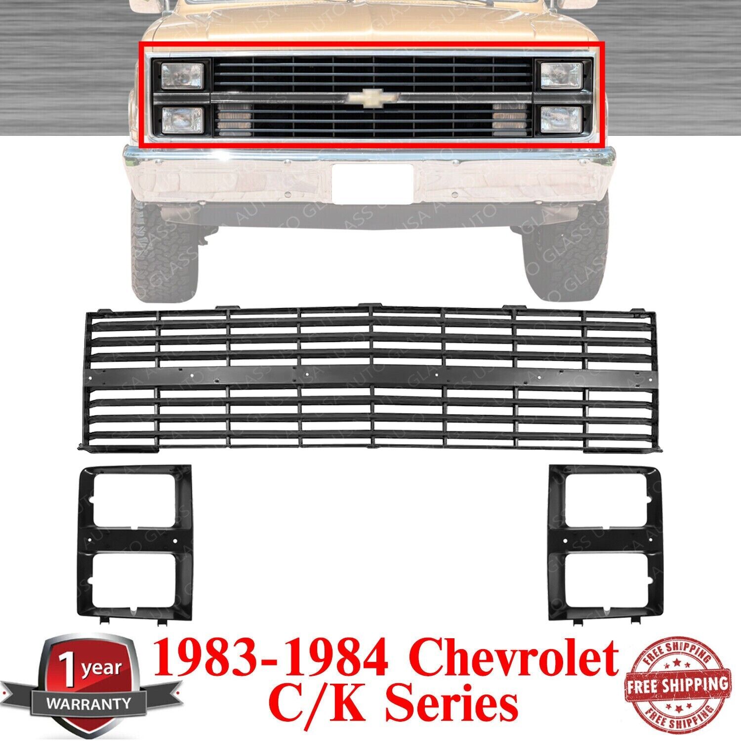 Grille Assembly + Headlight Bezels For 1983-1984 Chevrolet C/K Series Pickup