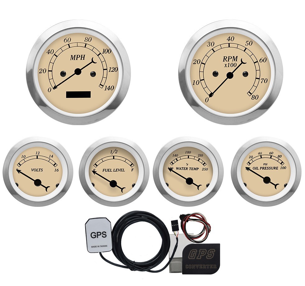 MOTOR METER RACING Classic Beige 6 Gauge Set 85mm GPS Speedometer MPH °F PSI