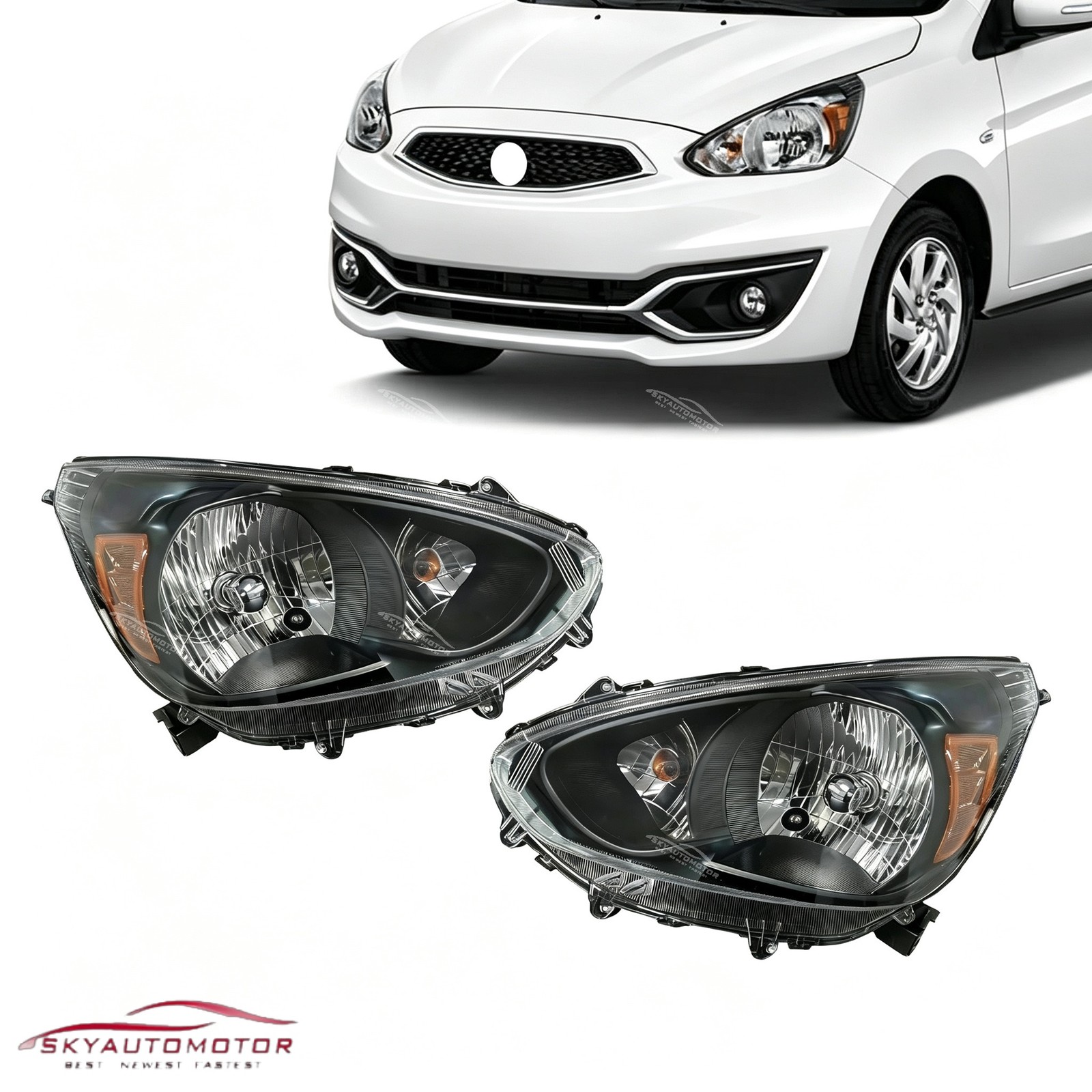 Fits 2014-2020 Mitsubishi Mirage Hatchback Black Housing Headlight Lamp Set Pair Fits 2014-2020 Mitsubishi Mirage Hatchback Black Housing Headlight Lamp Set Pair