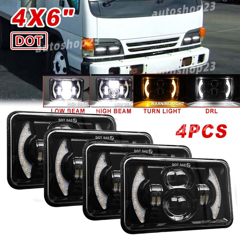 4pcs 4x6 inch LED Headlights DRL Hi/Lo Beam H4 Fit GMC W3500 W4500 W5500 Forward