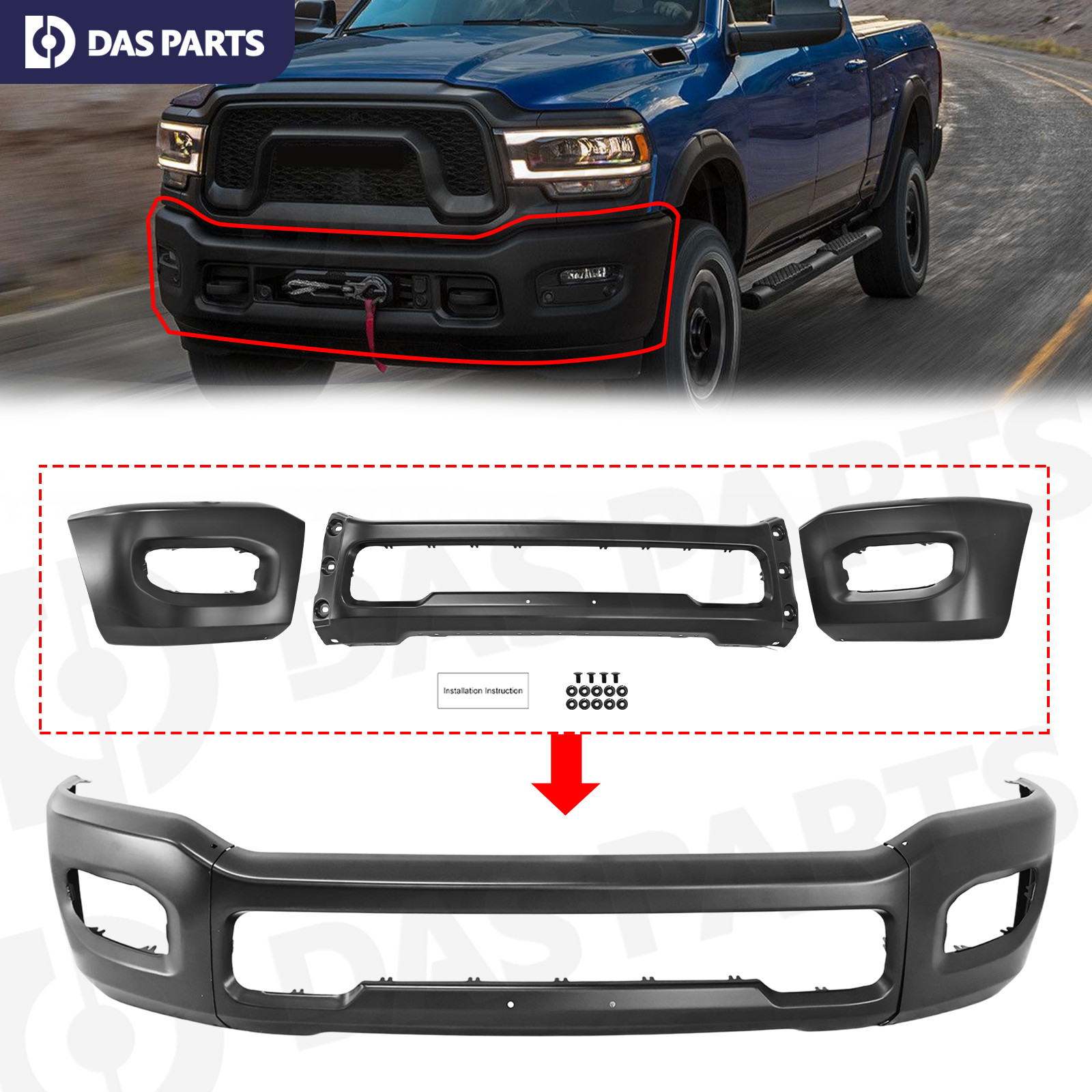 Fit For 2019 2020-2026 Ram 2500 3500 Front Face Bar Black Split Steel 6QB37TZZAB
