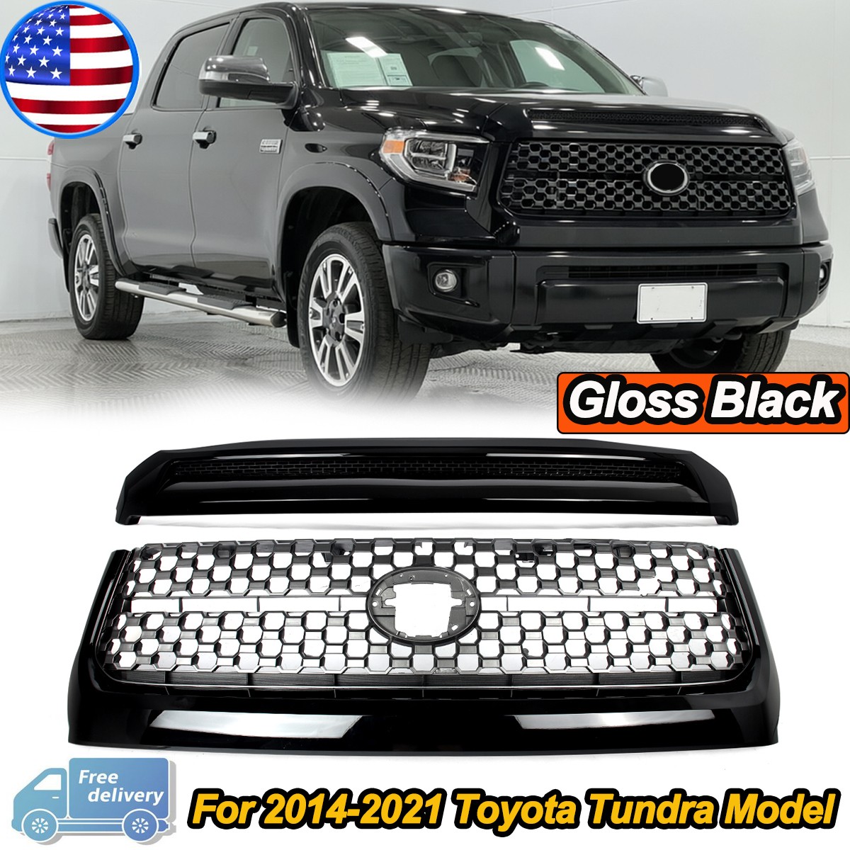 FOR 2014-2021 TOYOTA TUNDRA HONEYCOMB GRILLE+UPPER HOOD BULGE GLOSSY BALCK 2PCS