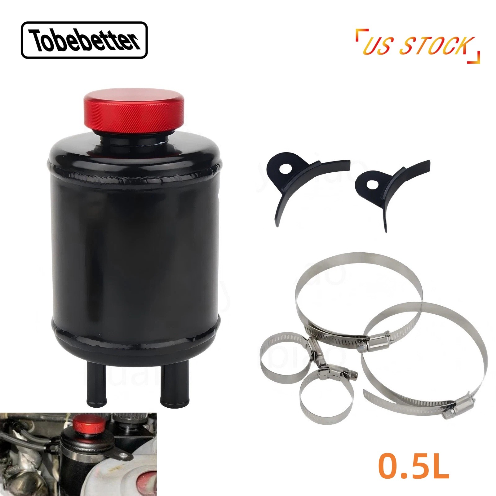 Black Universal Power Steering Racing Tank Fluid Reservoir Aluminum w/ Clamps US