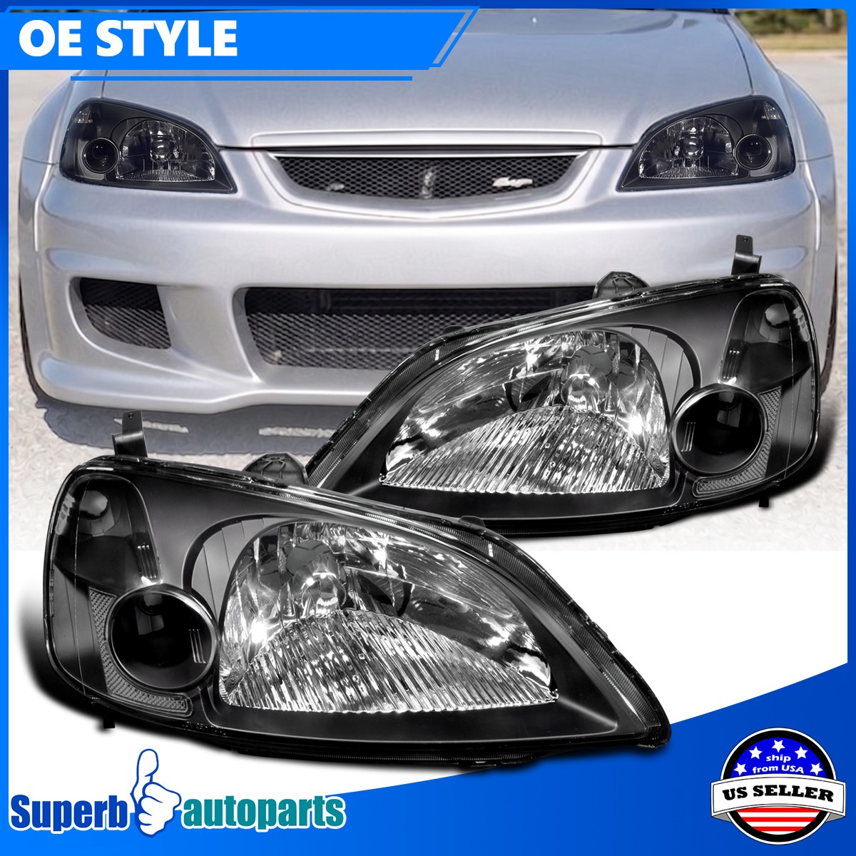 Fits 2001-2003 Honda Civic 2 4 Door Headlight Head Lamp Replacement Black