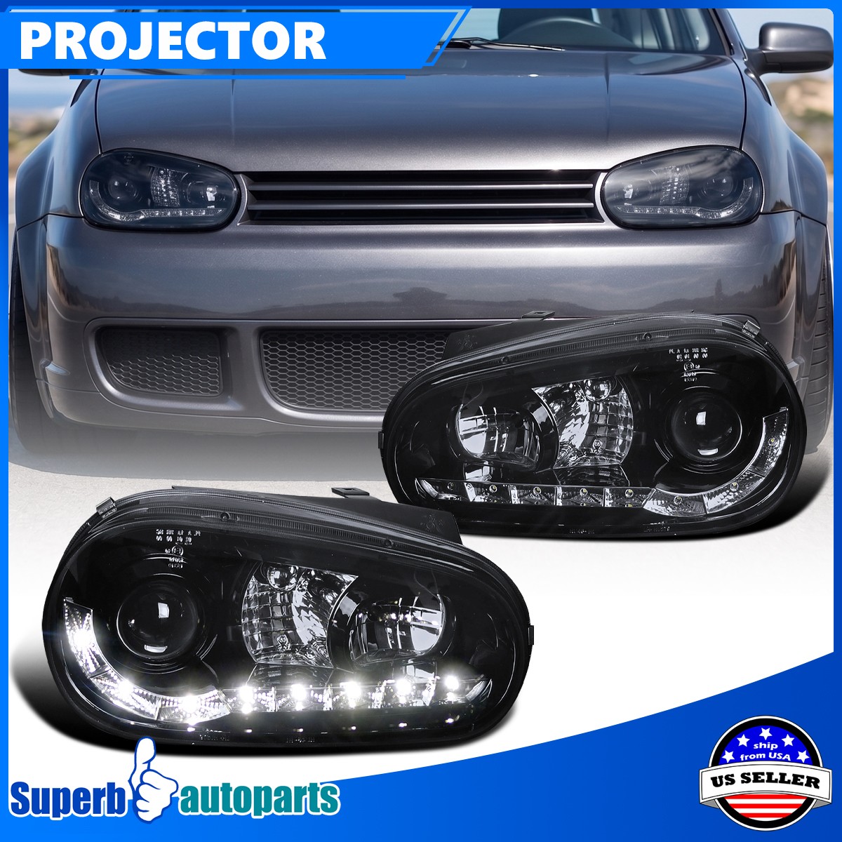 Fits 1999-2006 Golf LED Strip Smoke Headlights Glossy Black Lamps Replacement