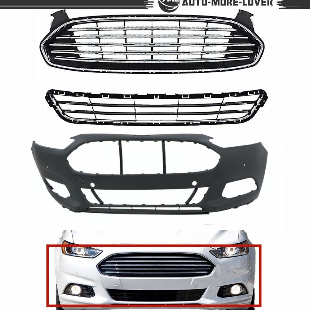 For 2013-16 Ford Fusion Front Bumper Cover w/ Sensor Front Upper+Lower Grille