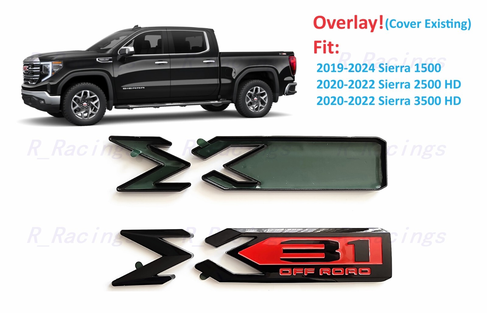 Overlay 2PC Gloss black Red X31 Off Road Emblem 2019-24 Sierra 1500 2500HD 3500H