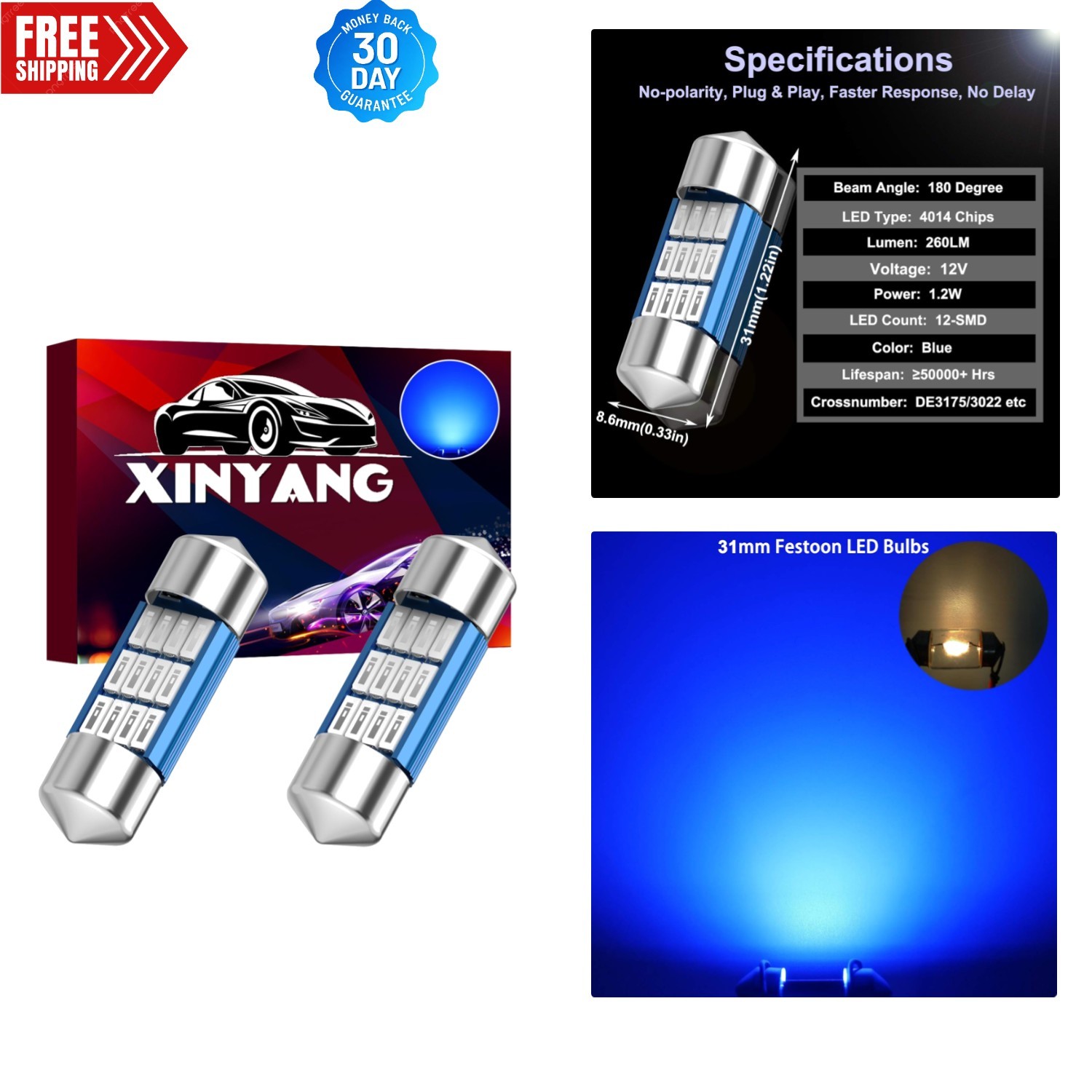 2PCS 31mm DE3175 Festoon LED Bulbs - 260 Lumen Upgrade for License Plate & Dome