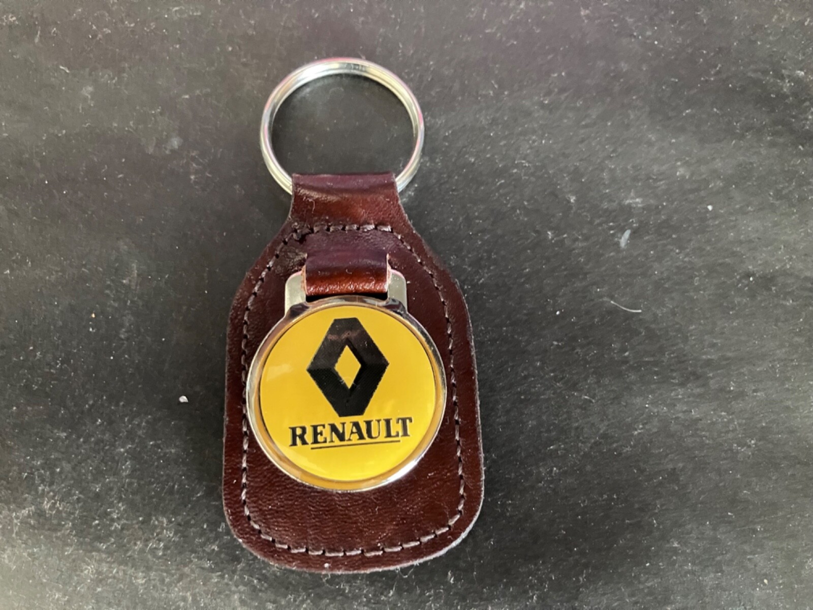 Renault Brown Leather Keychain Yellow Logo Badge 1980's Renault Brown Leather Keychain Yellow Logo Badge 1980's