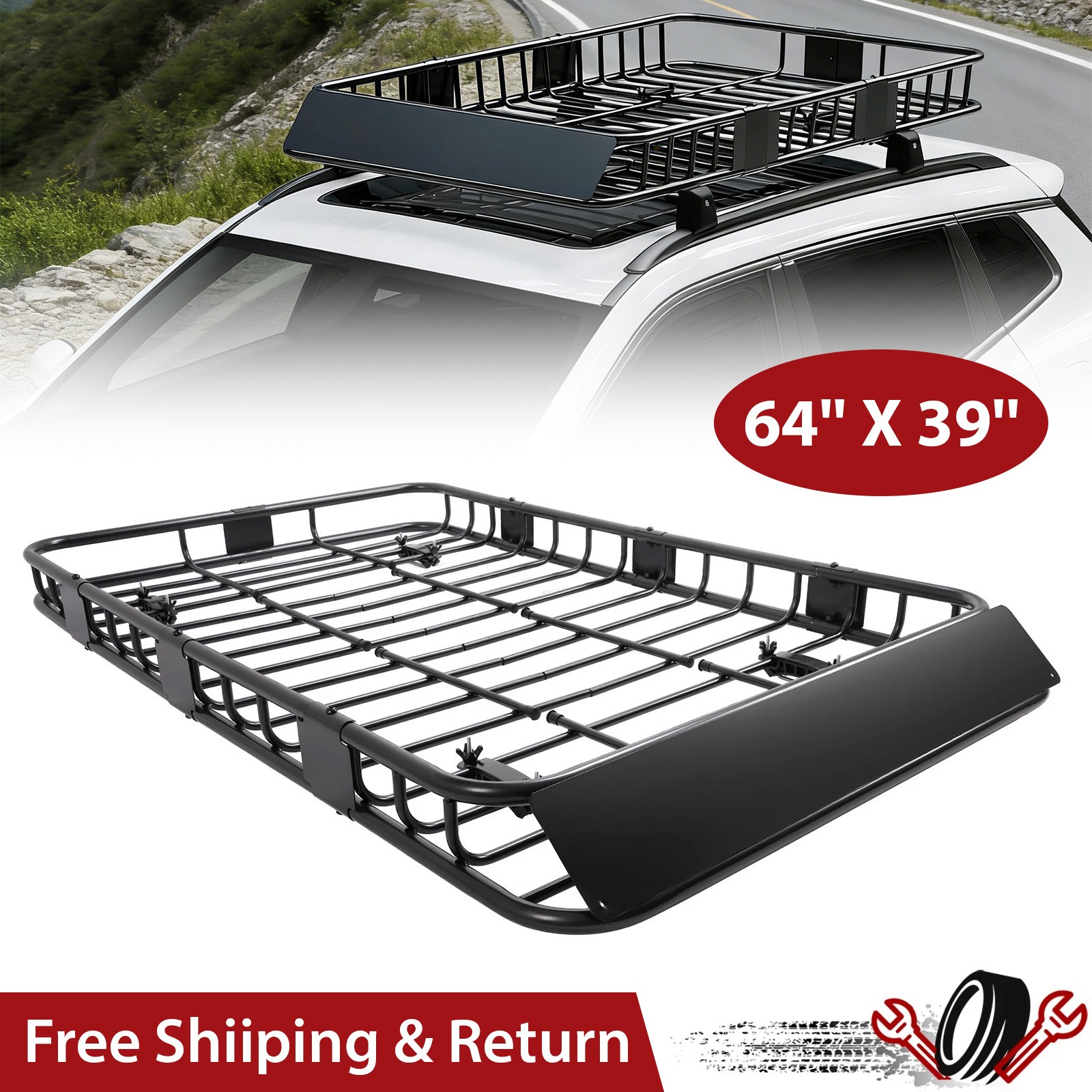 64'' Roof Rack 500LBS w/Extension Cargo SUV Top Luggage Carrier Basket Holder