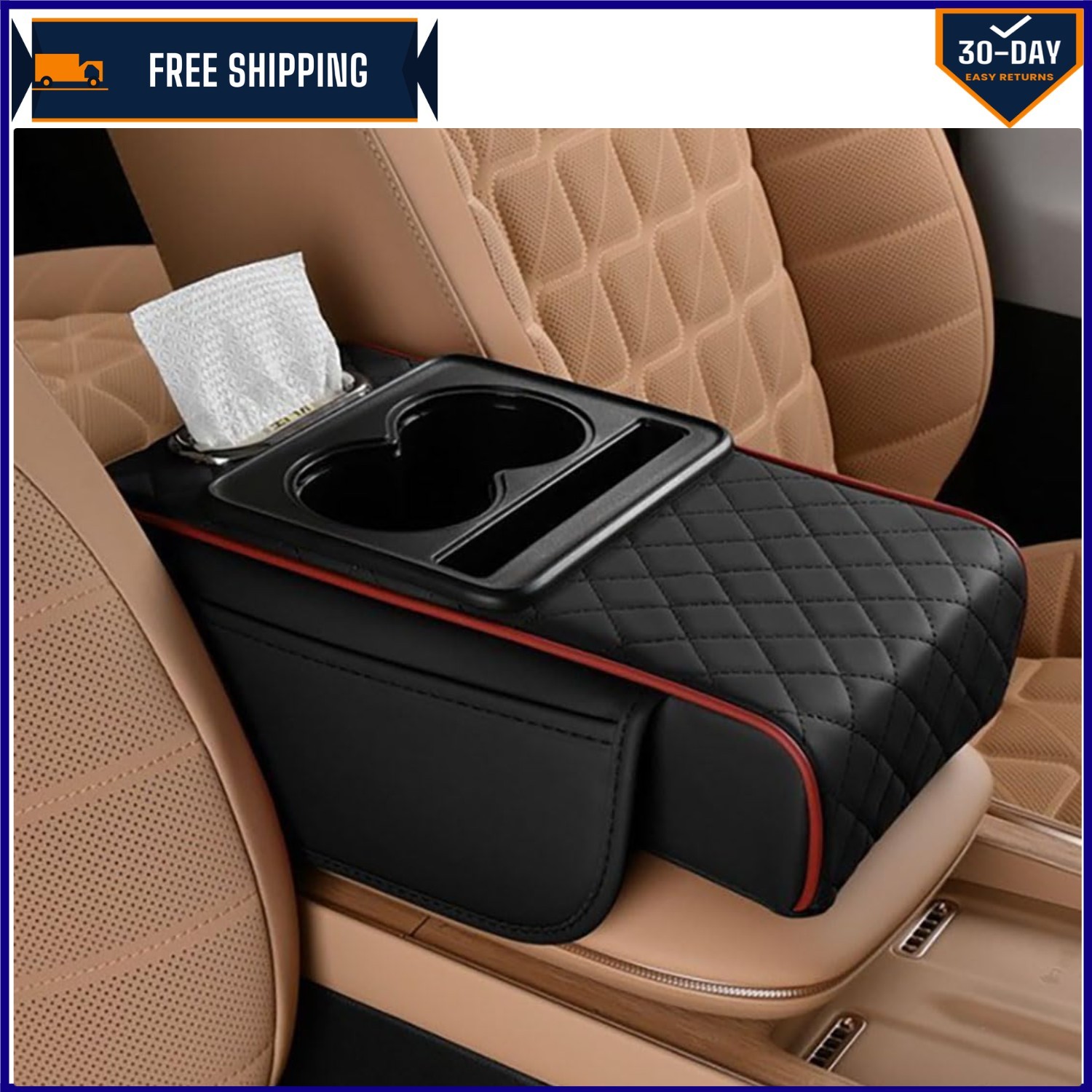 Versatile 5-in-1 Car Armrest Cover with 2 Storage Bags & Cup Holder - Black/Red
