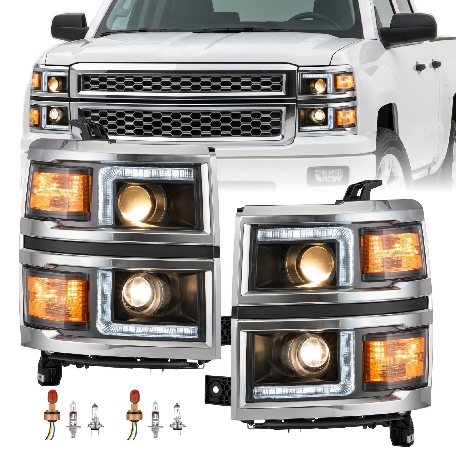 VRC Full LED Tube Projector Headlight for 2014 2015 Chevy Silverado 1500 W/Bulbs
