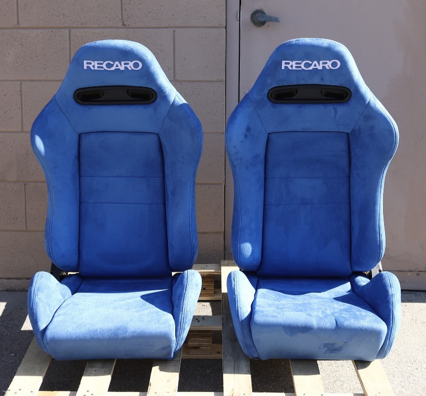 Recaro SR4 Style Blue Suede Recliner Bucket Racing Seats New Universal 2pc Pair