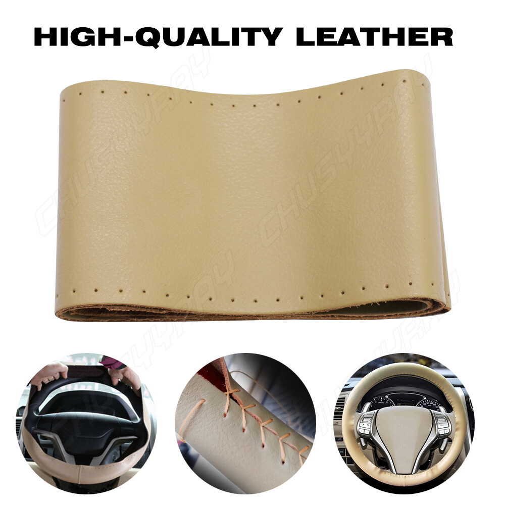 Beige Car DIY Perforated Steering Wheel Cover Pu Leather Soft Grip Lace Up 15\