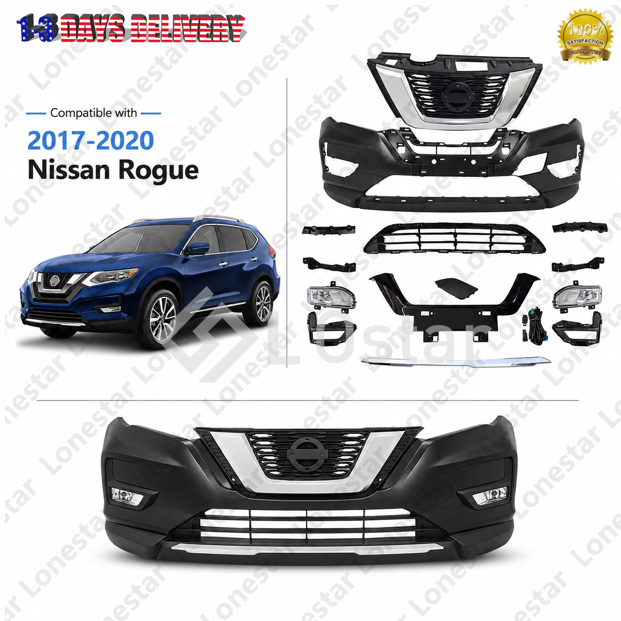 Compatible with Nissan Rogue 2017-2020 Unprimed W/Grille Complete Bumper Cover