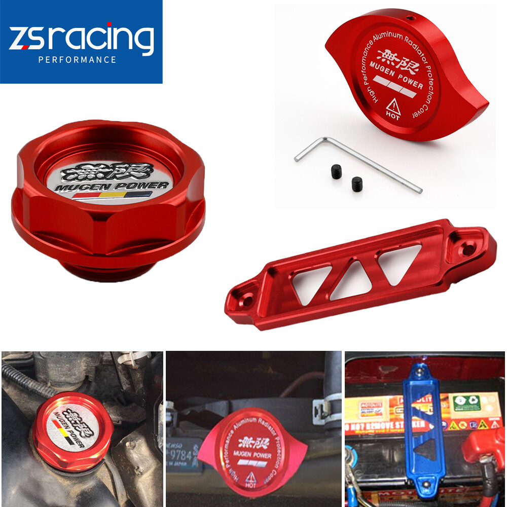 Red JDM Mugen Oil Filler Cap + Radiator Cap + Battery Tie Down Red JDM Mugen Oil Filler Cap + Radiator Cap + Battery Tie Down