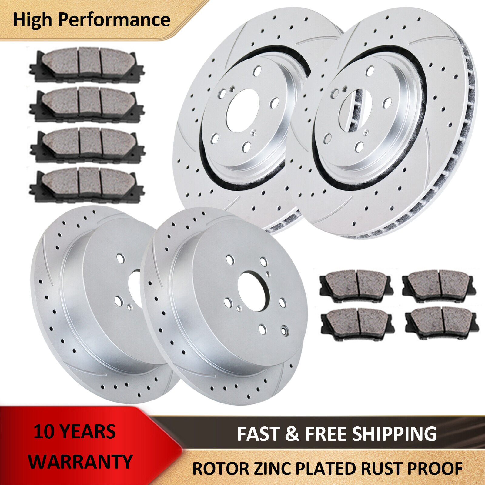 Front Rear Drilled Brake Rotors and Pads Kit for Toyota Sienna Highlander Brakes