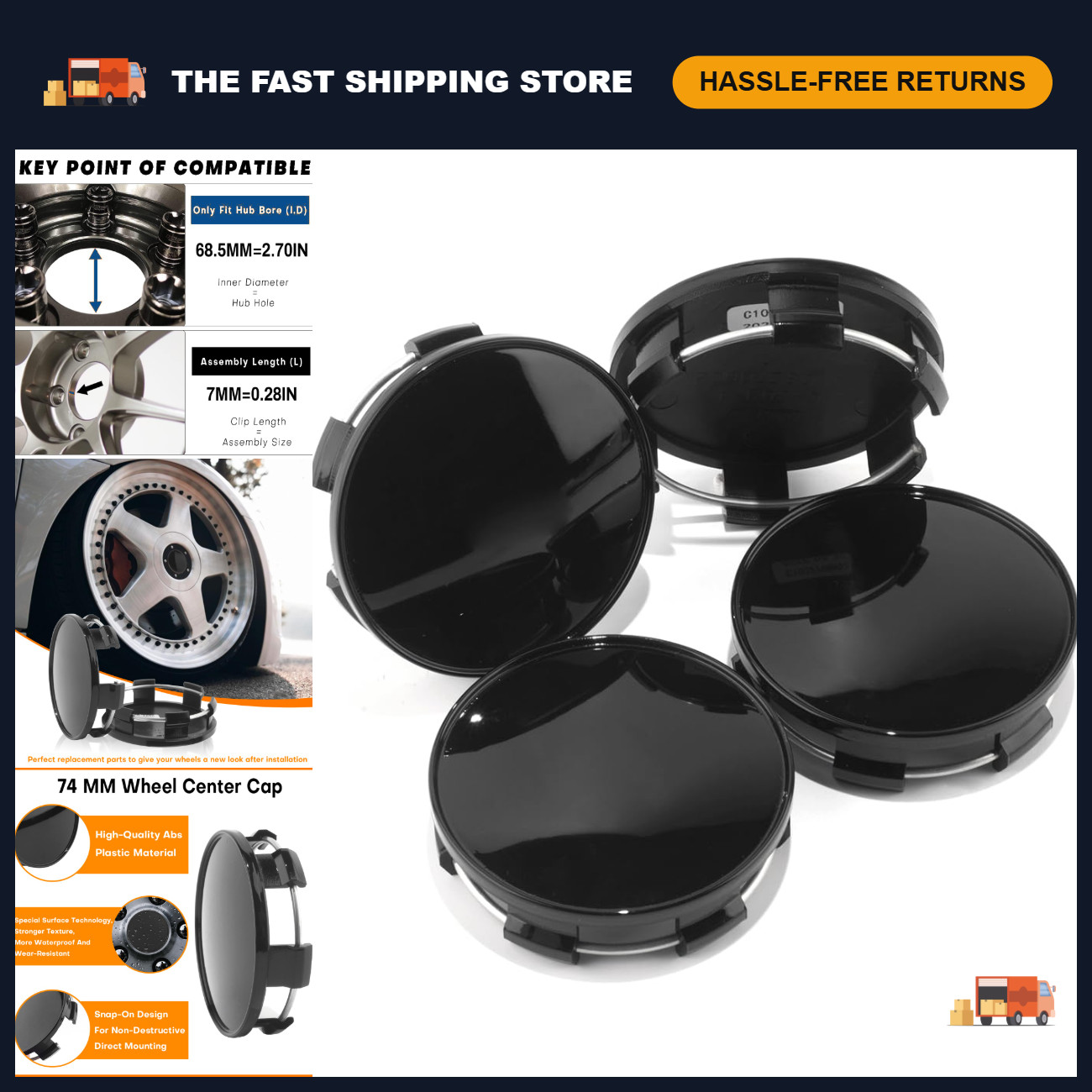 4Pcs Glossy Black Wheel Center Caps 74mm Hubcaps ABS Plastic Replacement Cover
