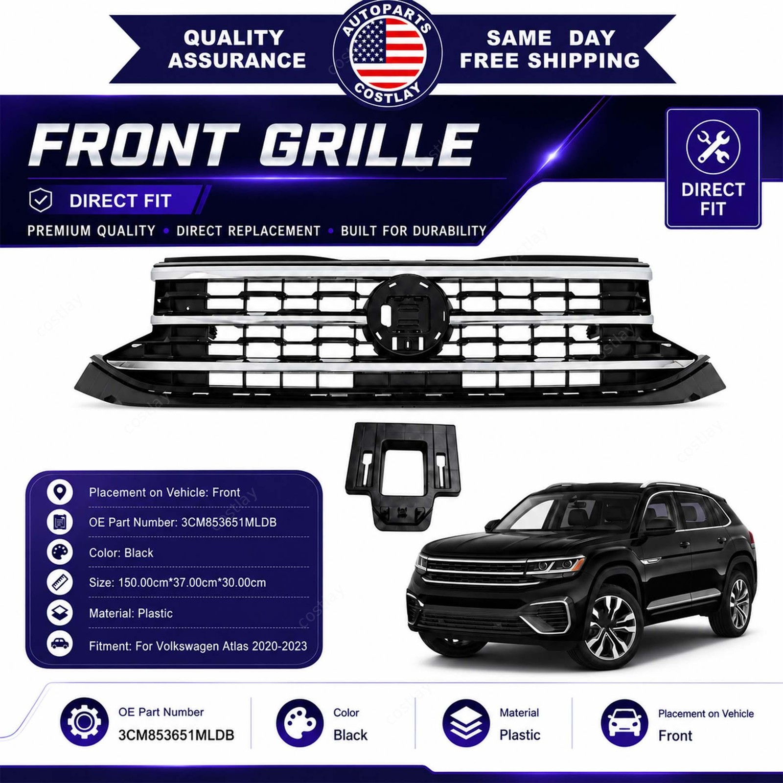Fit 2020-2023 Vw Volkswagen Atlas Front Bumper Chrome & Black Upper Grille