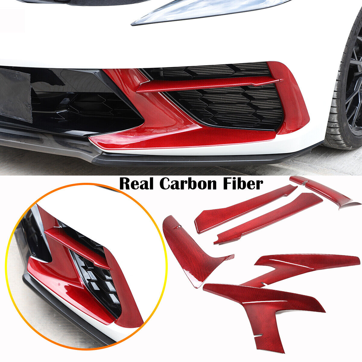 Red Real Carbon fiber Car Front Bumper Side Grille Cover Set For Corvette C8 20+
