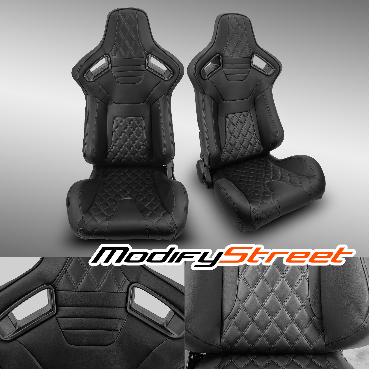 2 x BLACK PVC LEATHER/BLACK STITCH LEFT/RIGHT RACING BUCKET SEATS
