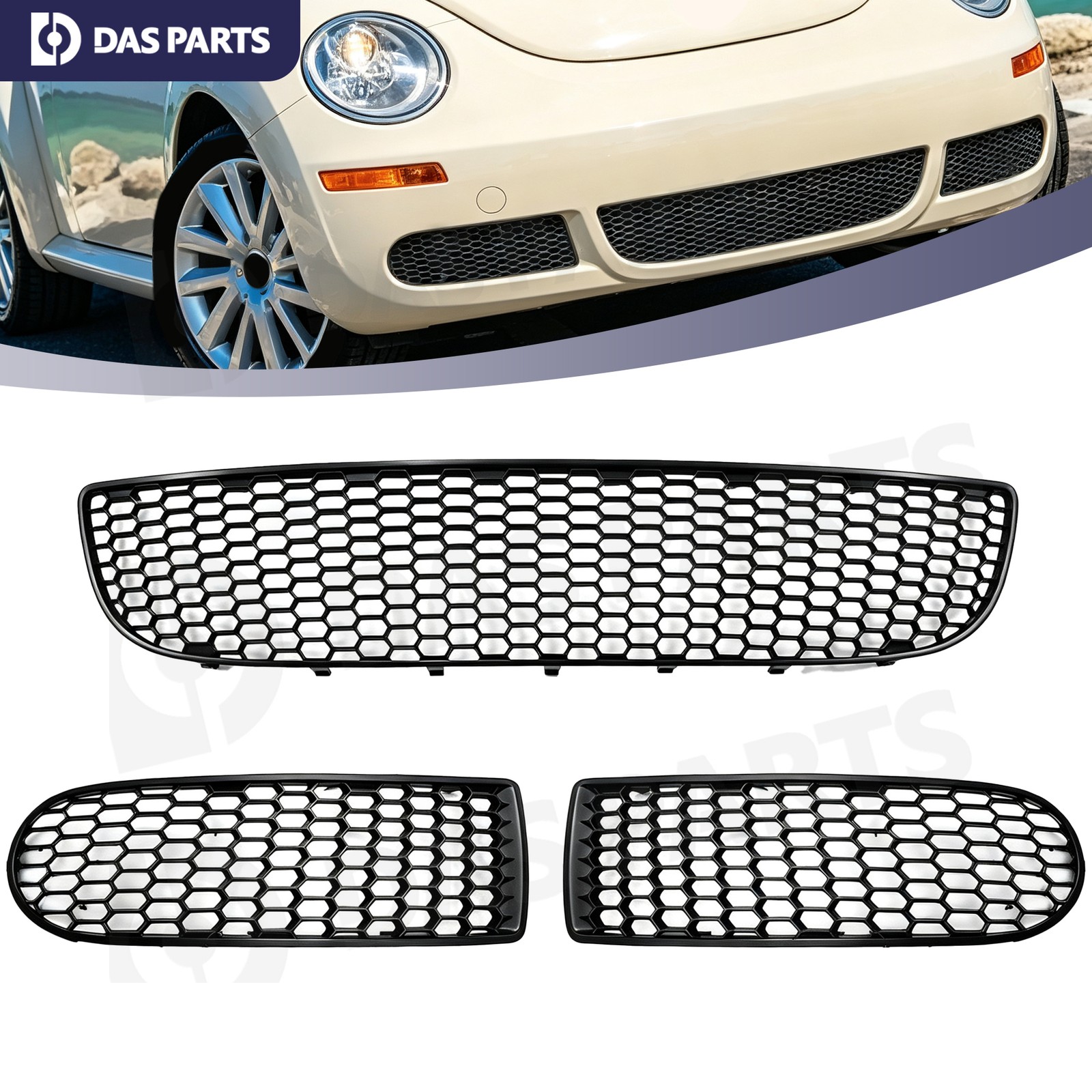For 2006-2010 VW Beetle 3Pcs Front Center + Side Grille Grill Bumper Bezel Cover