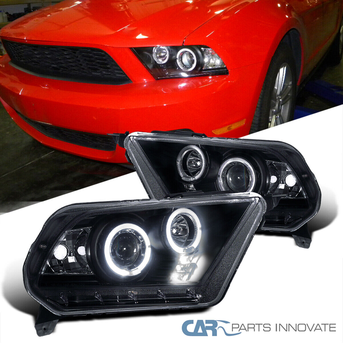 Fit 10-14 Ford Mustang Black LED Halo Projector Headlights Head Lamps Left+Right
