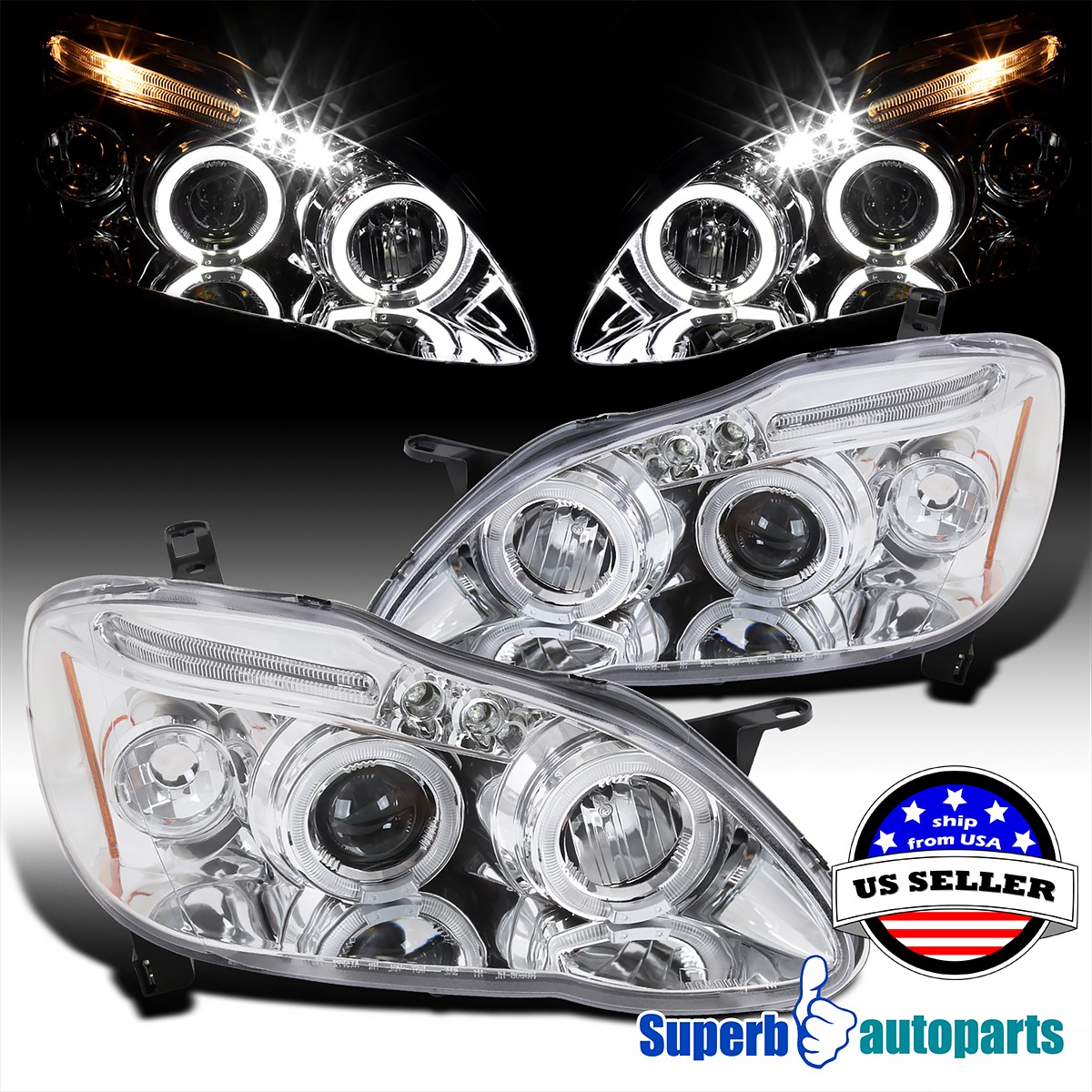 Fits 2003-2008 Toyota Corolla Halo Projector Headlights LED Tube Lamps 03-08 Fits 2003-2008 Toyota Corolla Halo Projector Headlights LED Tube Lamps 03-08