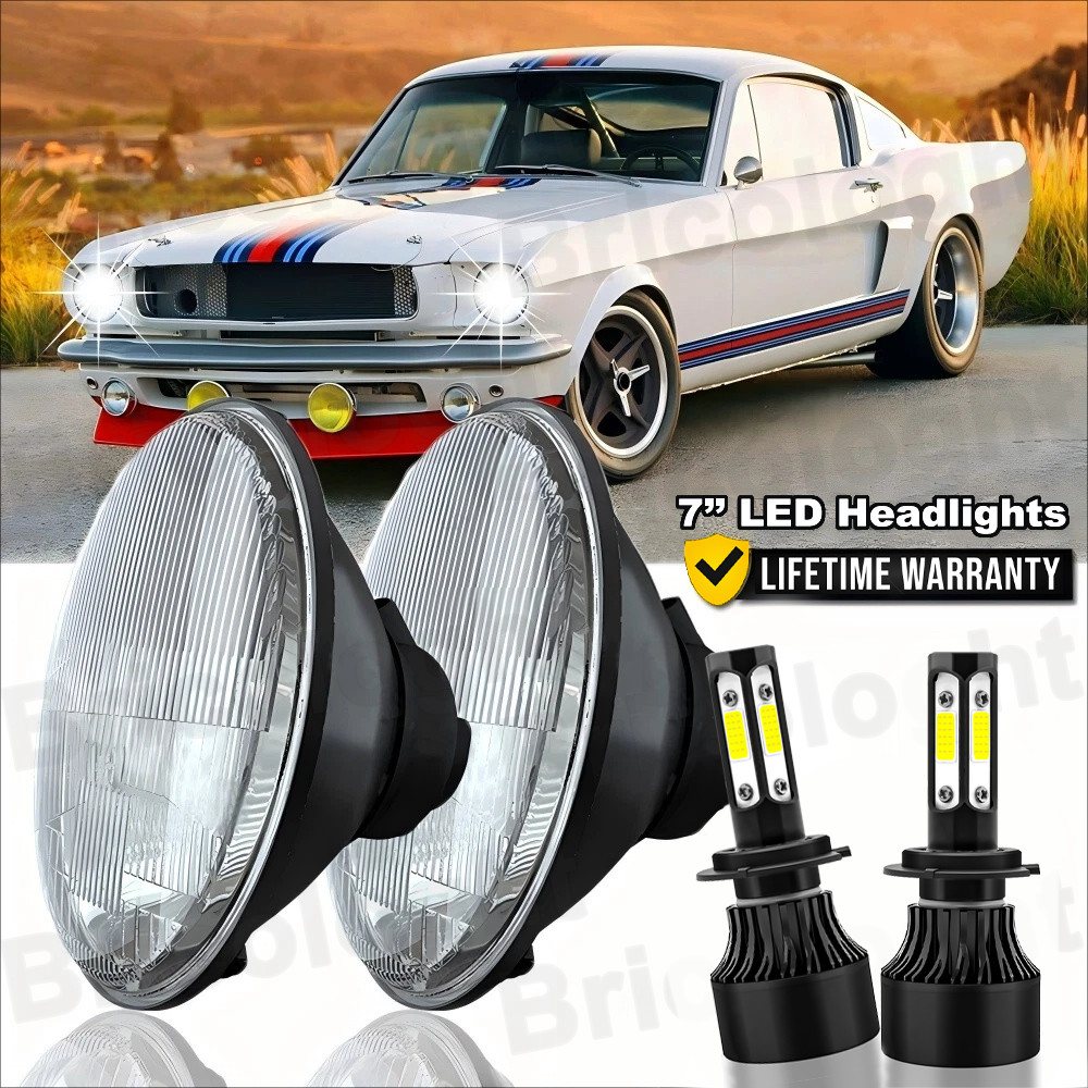 For Ford Mustang 1965-1978 2PC 7 inch Chrome LED Headlights Hi/Lo Beam Projector