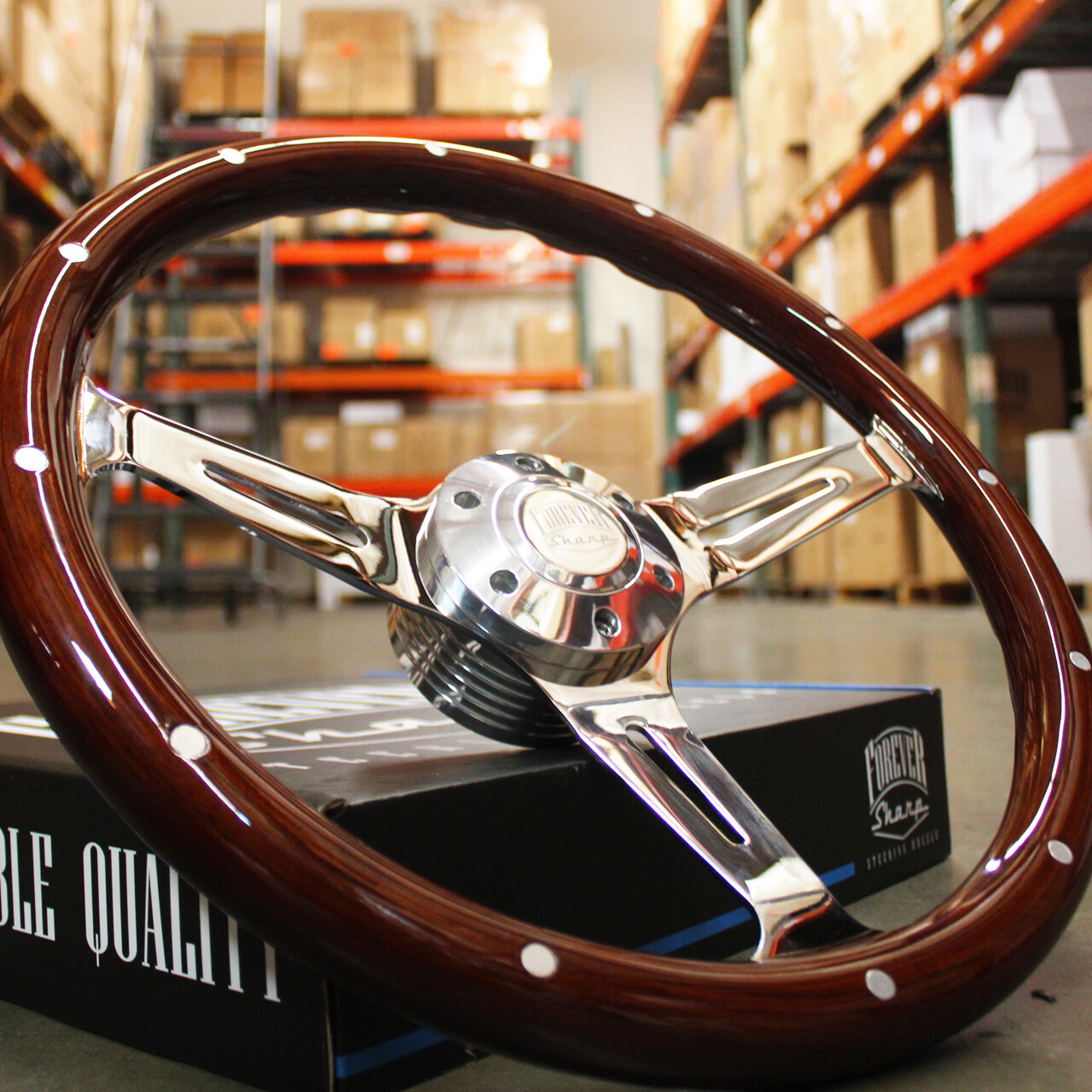 380mm Chrome Dark Steering Wheel Real Wood Riveted Grip (15\