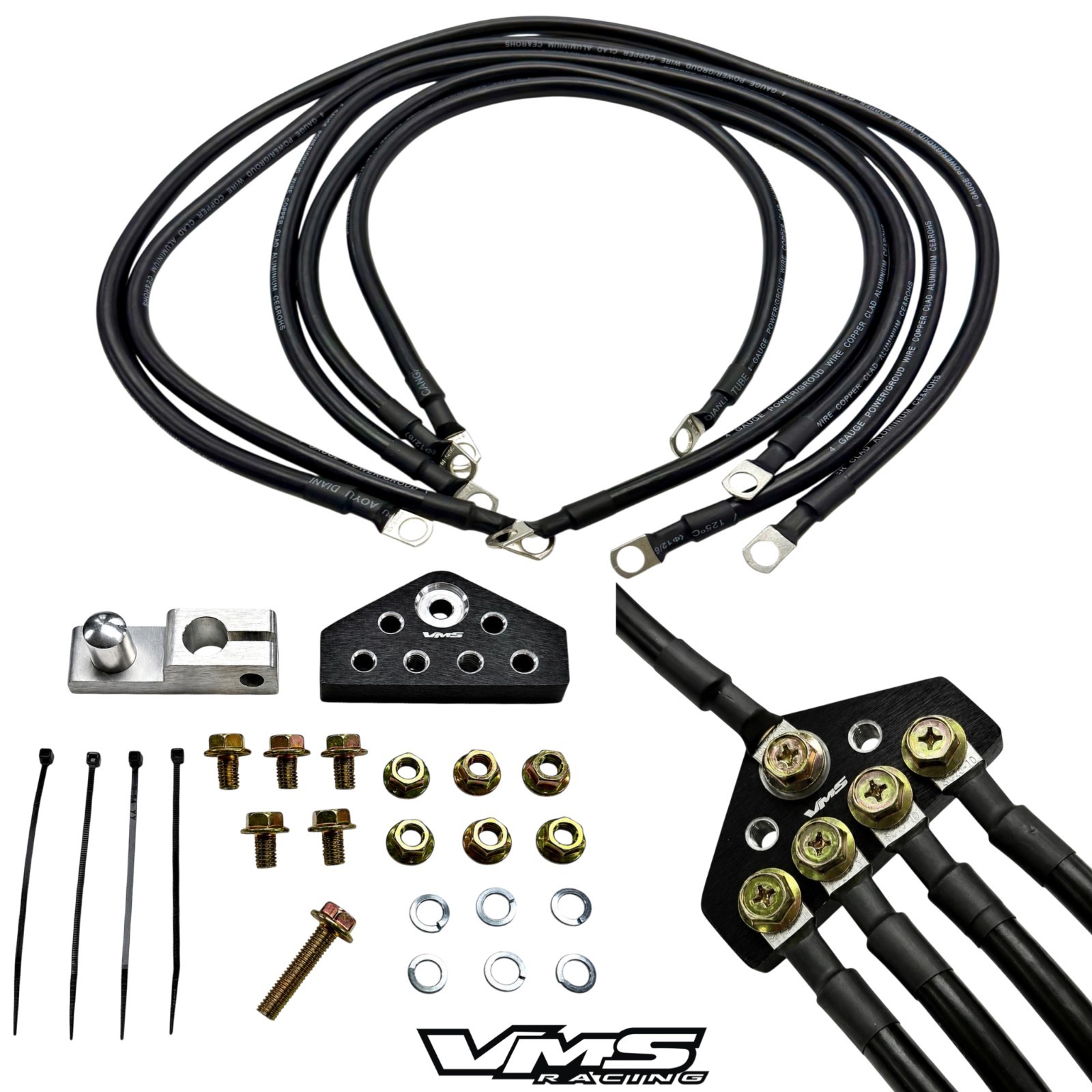 BLACK VMS RACING 5-POINT 10MM GROUND WIRE COPPER SYSTEM KIT FOR VEHICLES