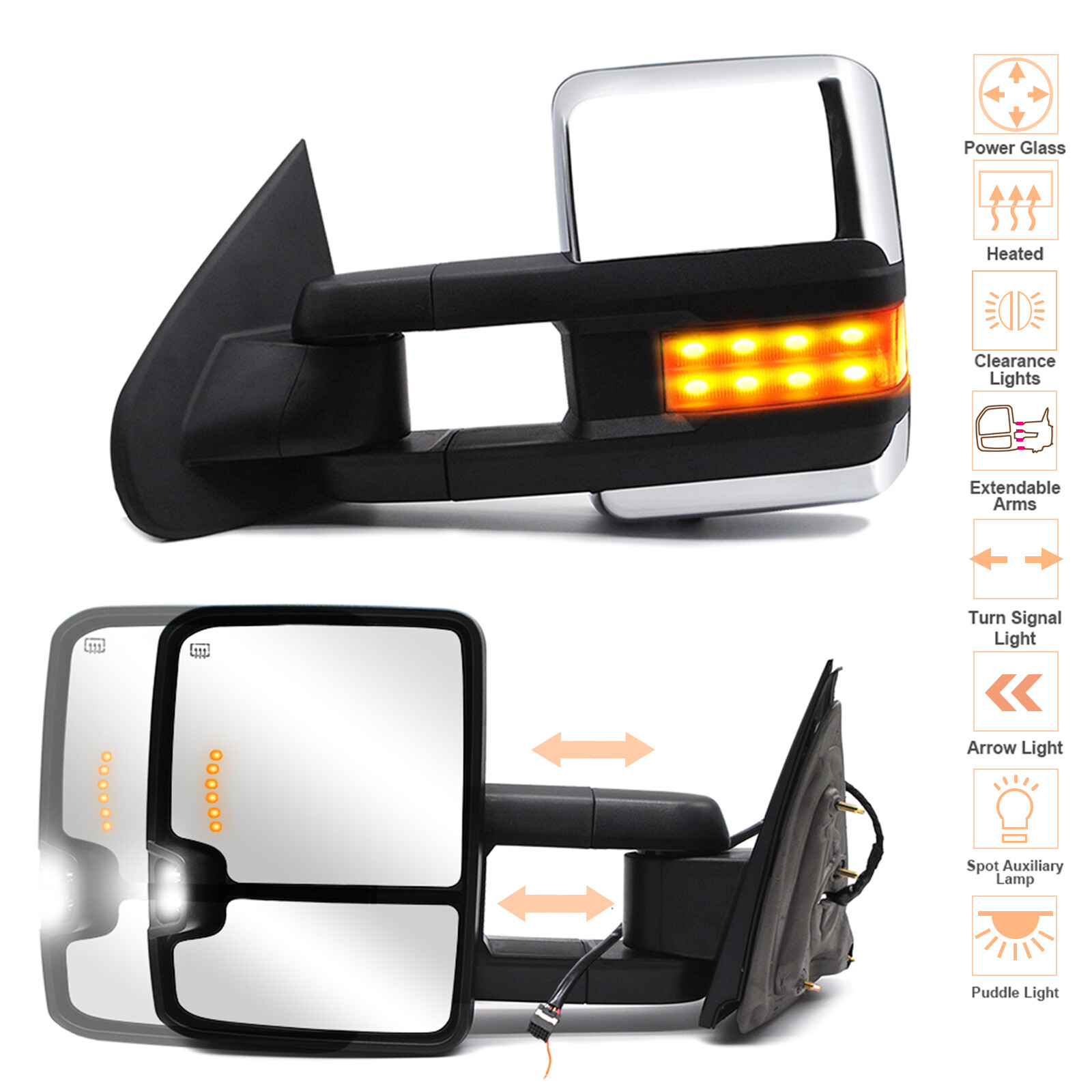 Pair Towing Mirrors Power Turn Signal For 2016-2018 GMC Sierra 2500 Chrome
