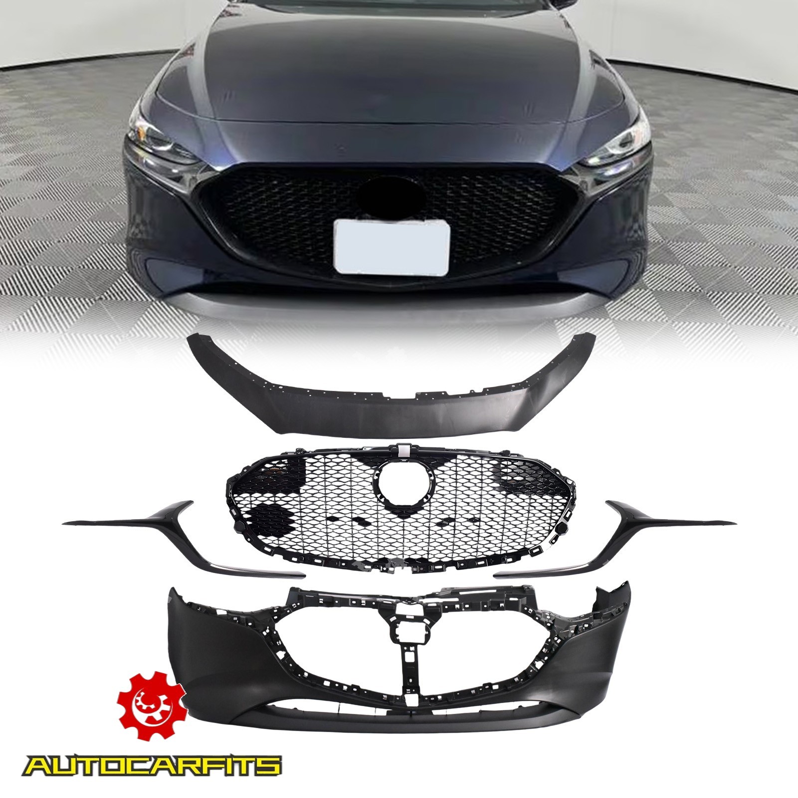 For 2019-2025 Mazda 3 Hatchback Front Bumper Kit + Grille Trim Gloss Black