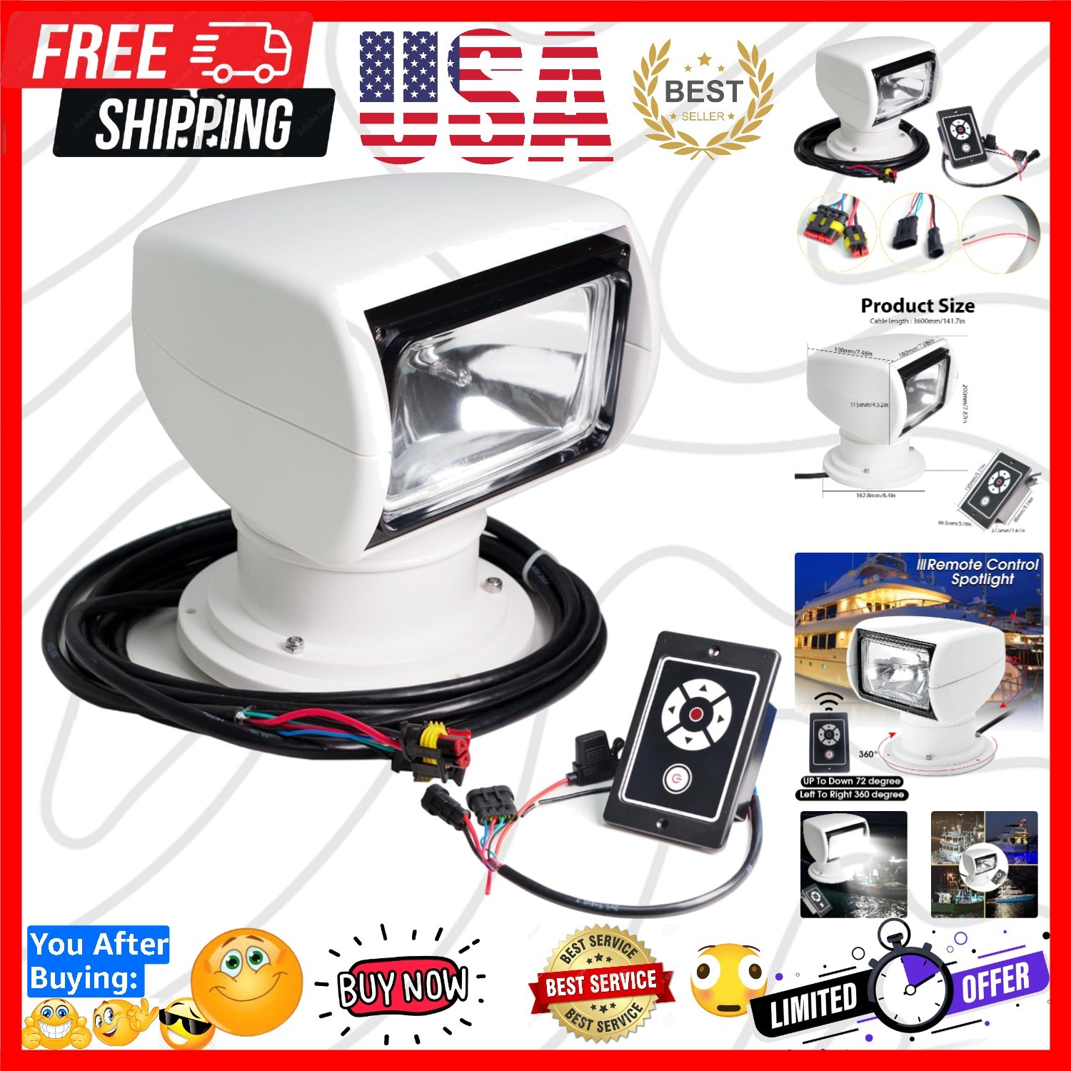 Boat Spotlights, 100W Remote Control Spotlights for Boat Truck, Boat Search L... Boat Spotlights, 100W Remote Control Spotlights for Boat Truck, Boat Search L...