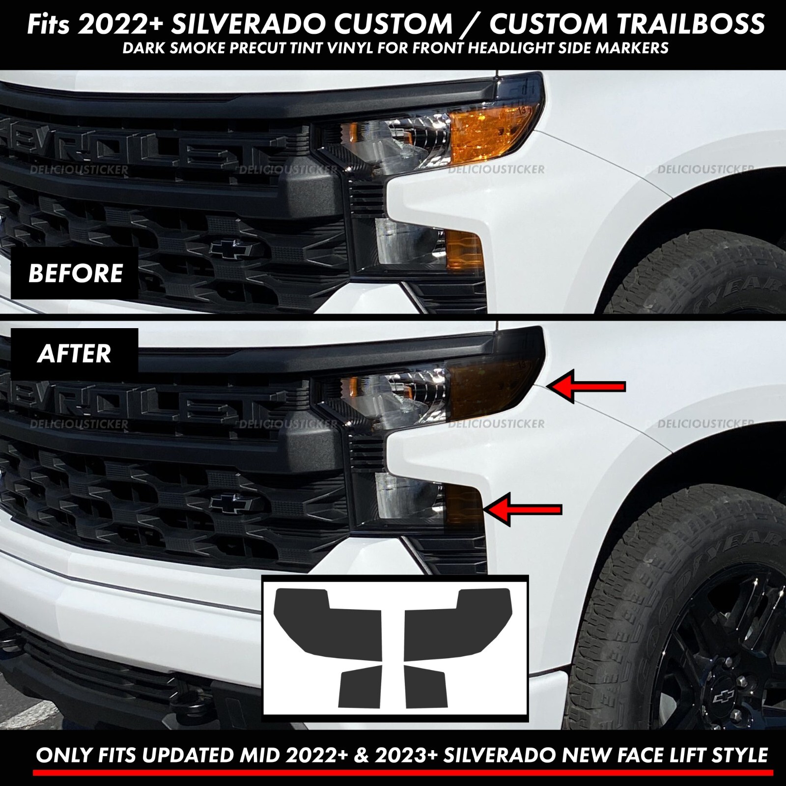 For 22-2026 Silverado Custom Trail Boss Headlight SMOKE Side Marker Tint Precut