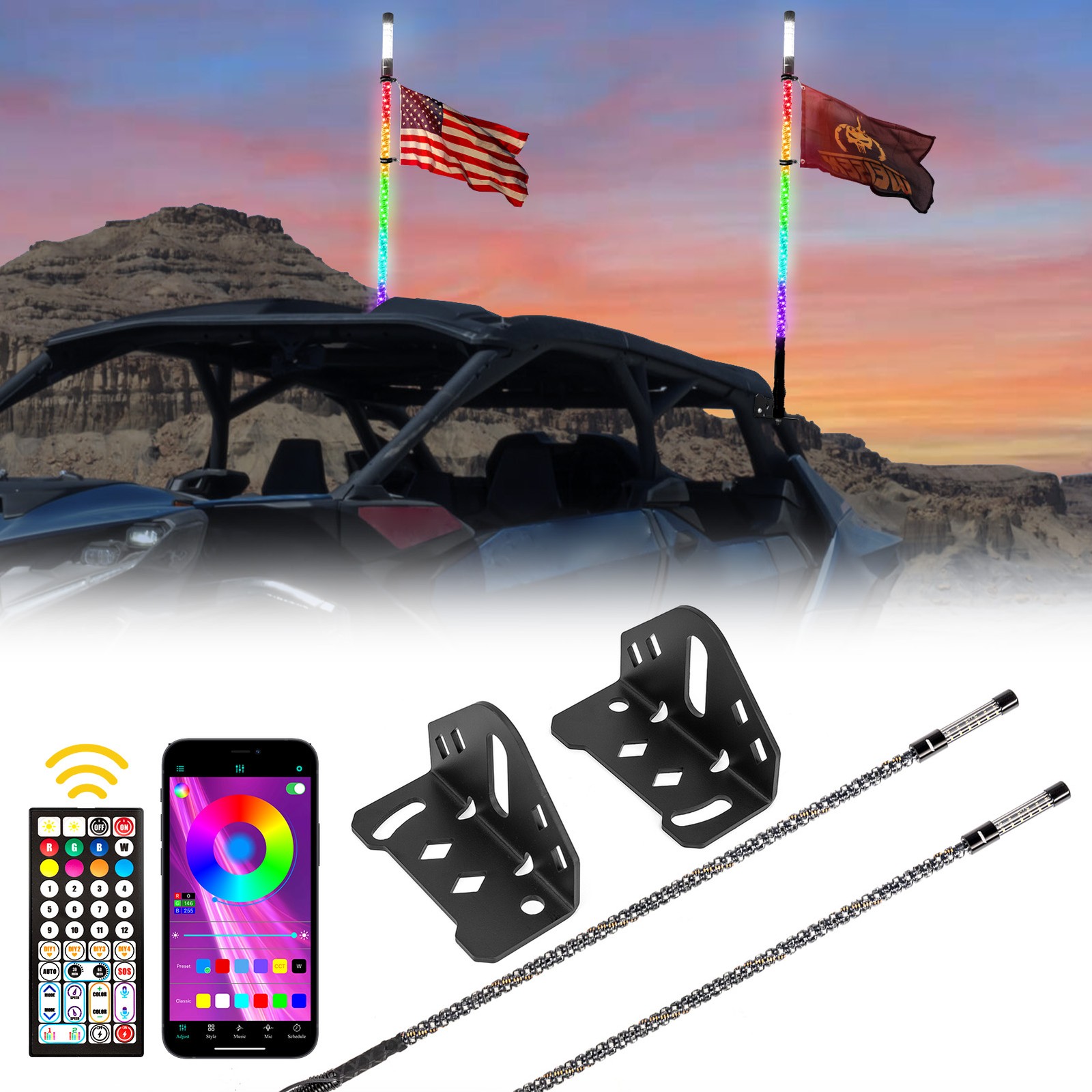 Pair 4FT LED Whip Spiral Chasing RGB Whip Lights w/strobe Fit Can Am Maverick R