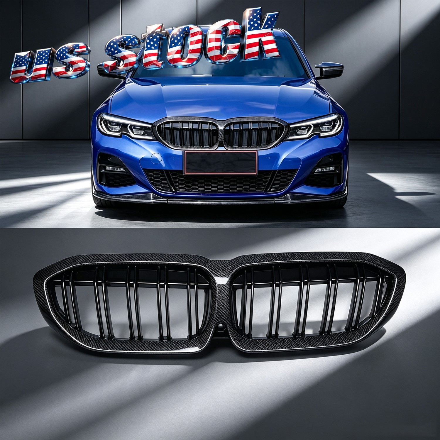 Real Carbon Dual Slat Black Front Kidney Grille For 19-22 BMW 3-Series G20 330i