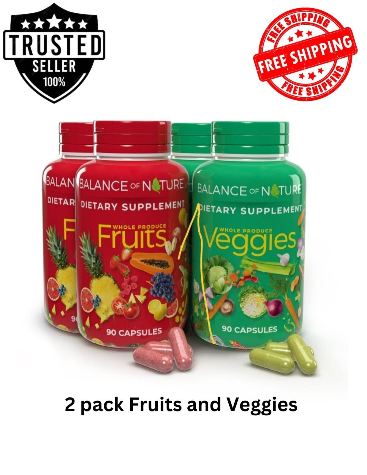 2 Pk Fruits and Veggies Whole Food Supplement. 90 each bottle. Total 360 Caps