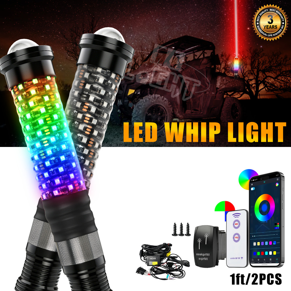 Pair 1FT Fat LED Whips Spiral RGB w/Laser Lights For Can Am Maverick X3 UTV ATV