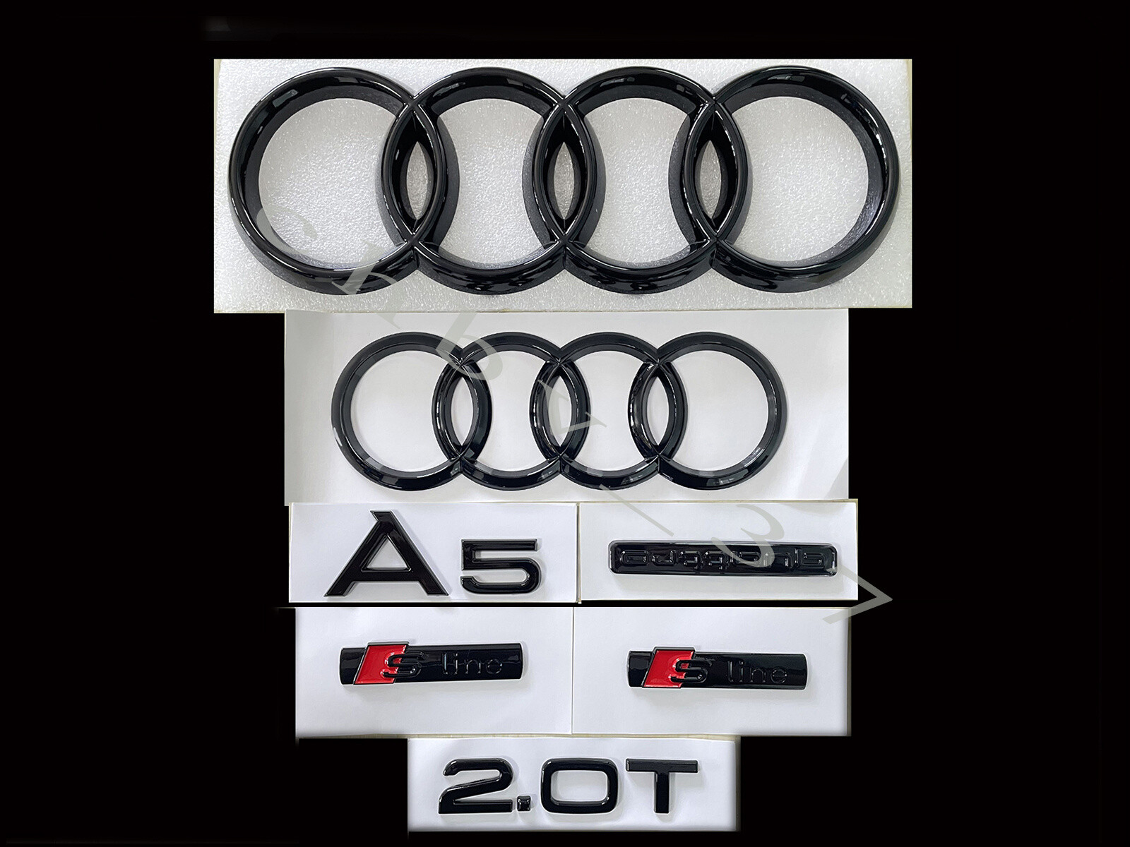 New Audi A5 Emblem Gloss Black Rings Rear Quattro 2.0T Sline 2012-2018 Combo Kit New Audi A5 Emblem Gloss Black Rings Rear Quattro 2.0T Sline 2012-2018 Combo Kit
