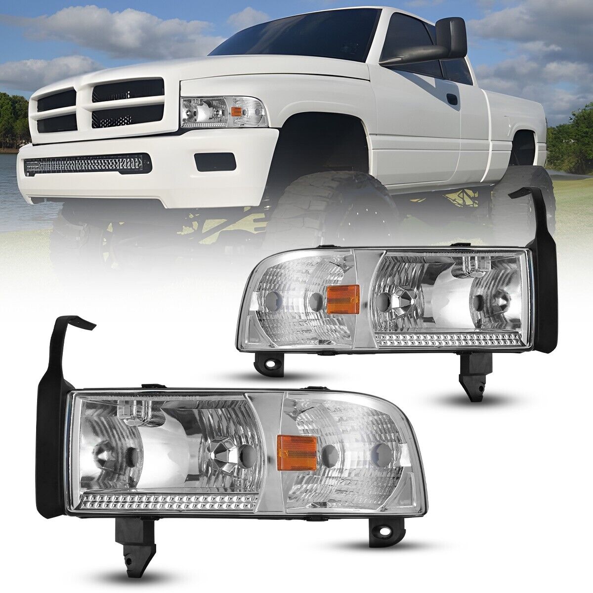 Pair Headlights+Corner Signal Lamp For 1994-2002 Dodge Ram 1500 2500 3500 Chrome