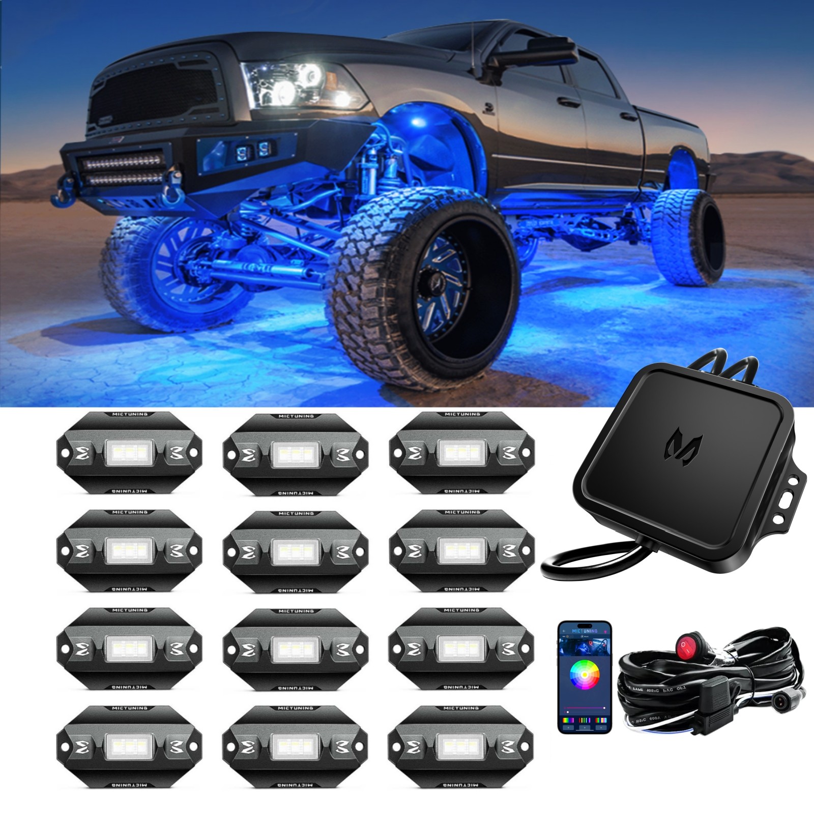MICTUNING 48w C1 RGBW LED Rock Lights 12Pods High Bright Underbody Underglow Kit