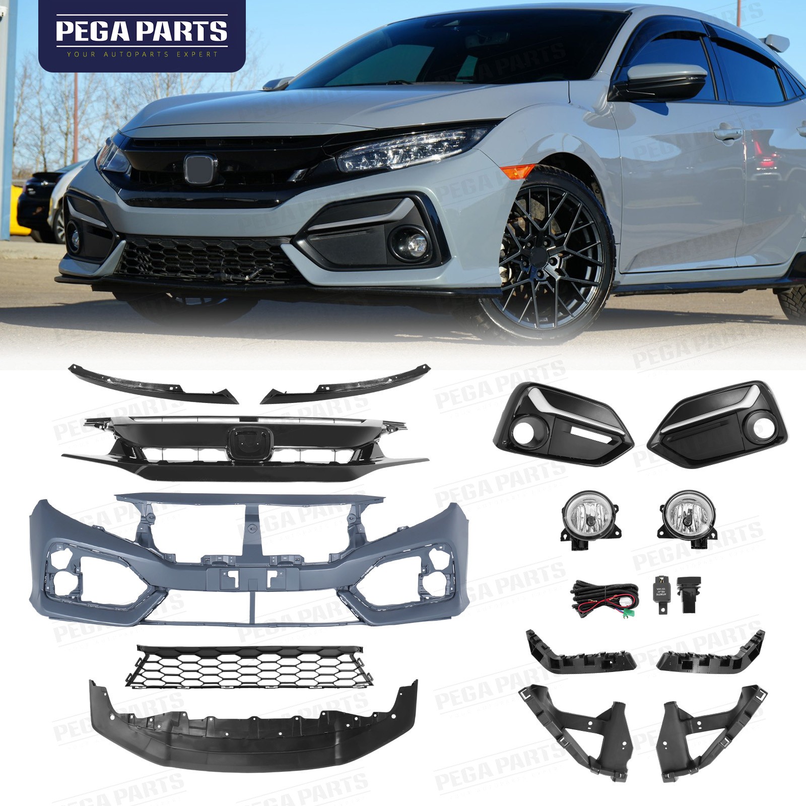 Front Bumper Cover Kit W/ Grille & Fog Light For 2020 2021 Honda Civic Hatchback