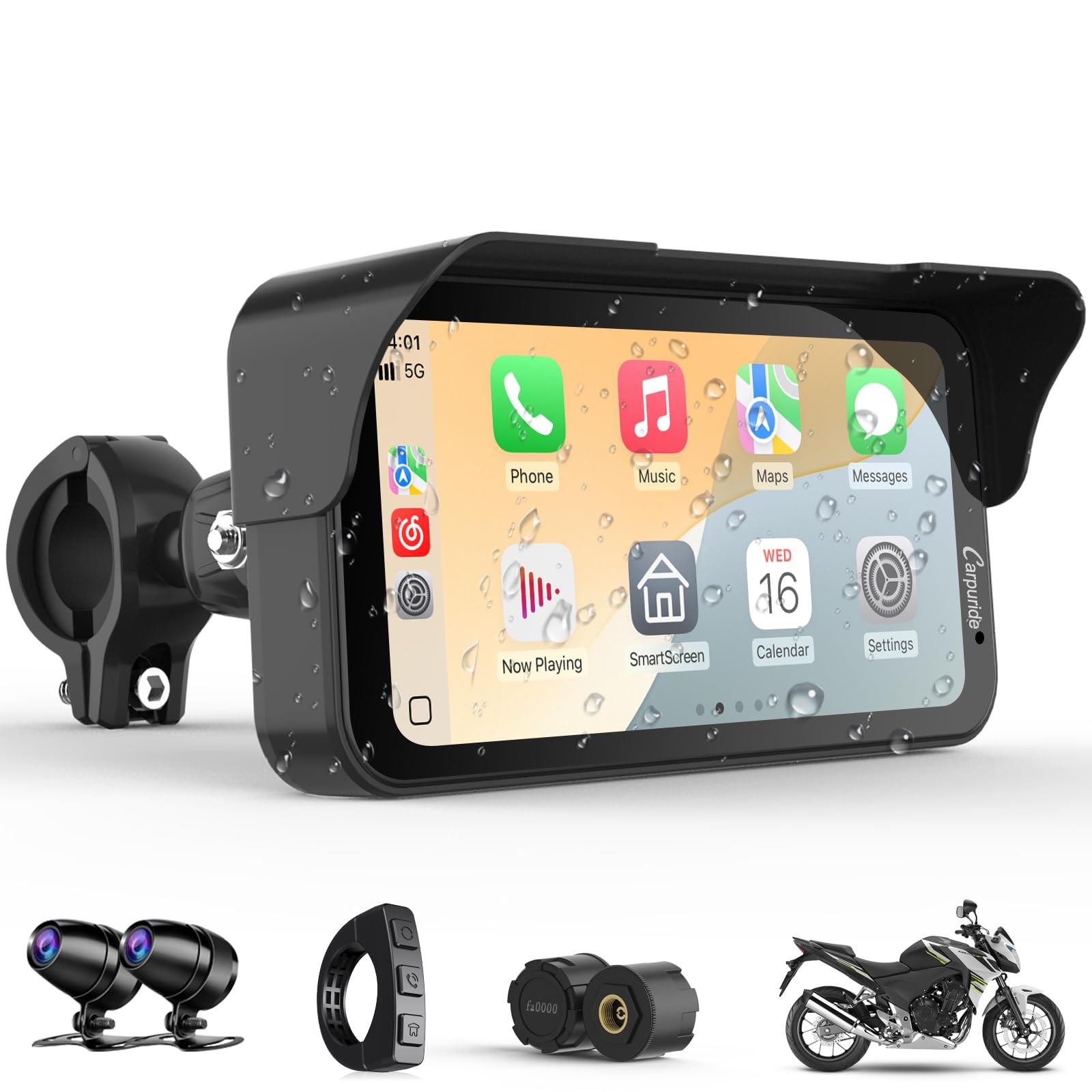 Carpuride W603D Moto TPMS 1080N DashCam Wireless CarPlay Screen WiredController