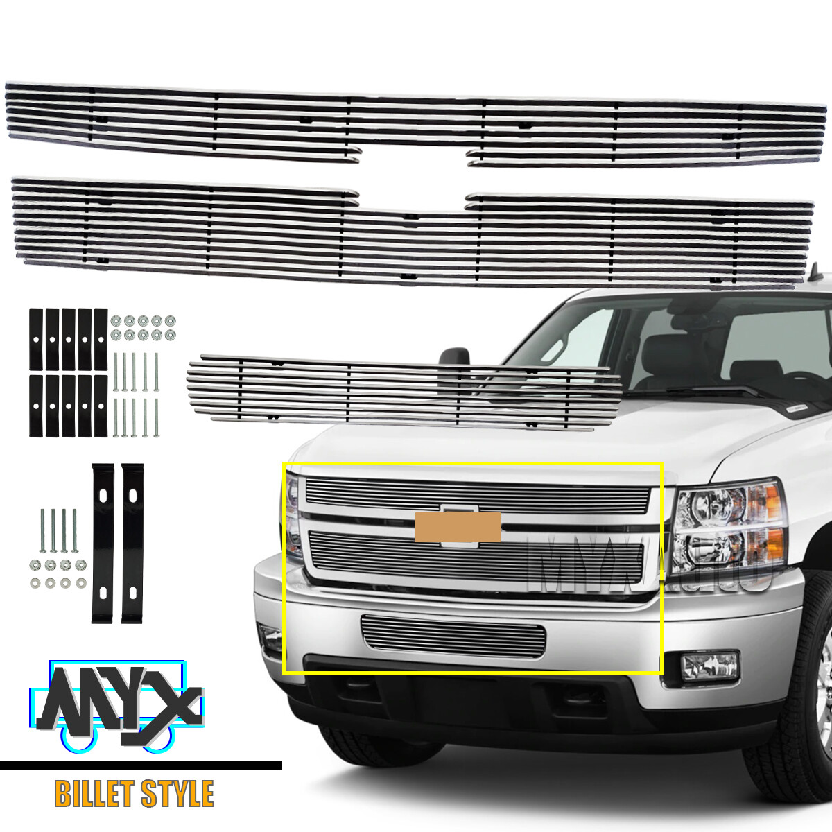 Fits 2011-2014 Chevy Silverado 2500HD/3500HD Billet Grille Chrome Grill Combo
